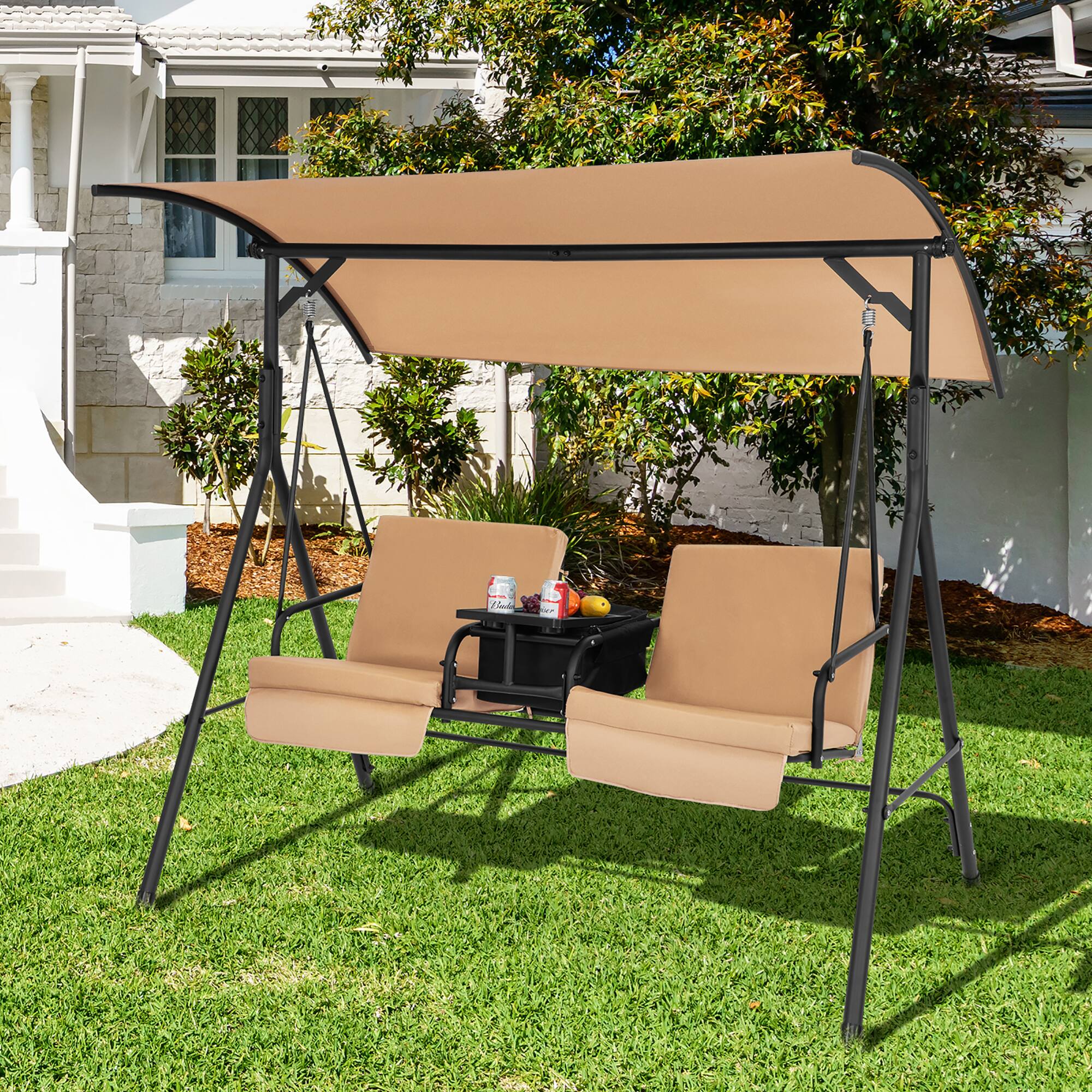 Alt View 2. Costway - Costway 2-Person Canopy Porch Swing Padded Chair Cooler Bag Rotatable Tray - Beige.