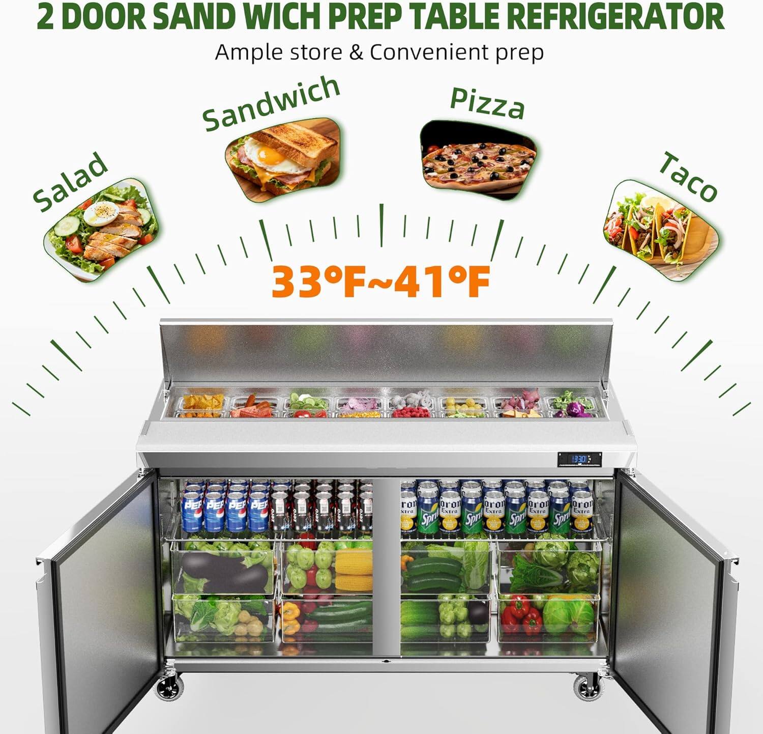 2 DOOR SANDWICH PREP TABLE REFRIGERATOR  
Ample store & Convenient prep  
Sandwich  
Pizza  
Salad  
Taco  
33°F~41°F