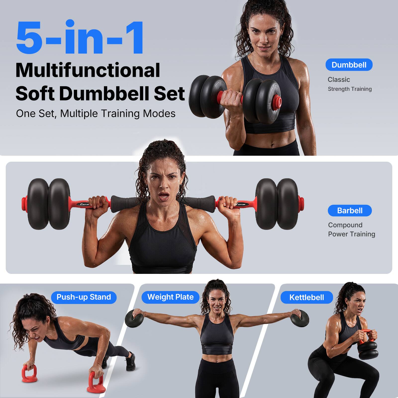 5-in-1 Multifunctional Soft Dumbbell Set

One Set, Multiple Training Modes

- Dumbbell: Classic Strength Training
- Barbell: Compound Power Training
- Push-up Stand
- Weight Plate
- Kettlebell