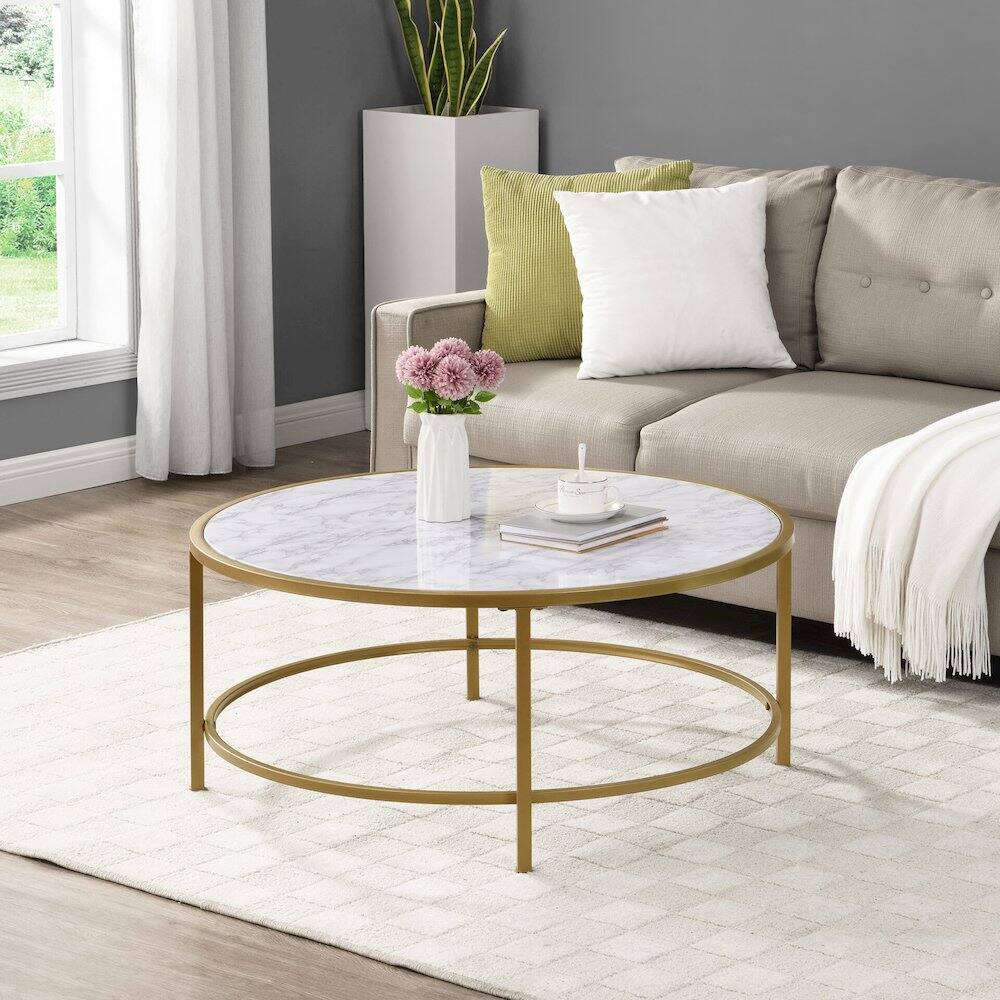 Alt View 4. Carolina Chair & Table - Verazano Faux Marble Top 36" Round Coffee Table - Gold - Gold.