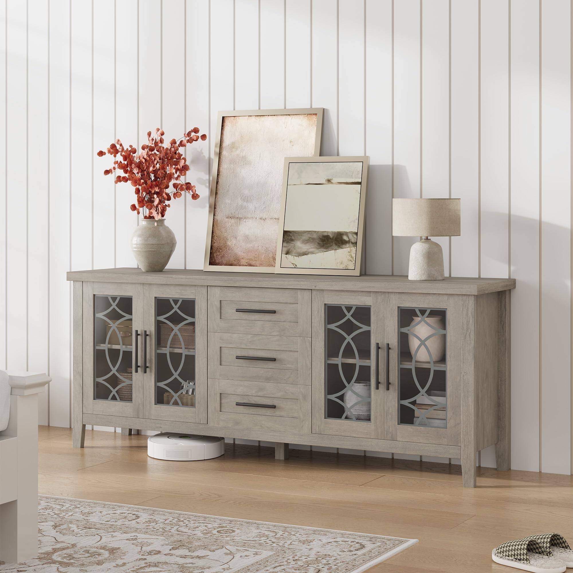 Alt View 4. Qeetex - 63" Farmhouse TV Stand for 70" TVs, Rustic Entertainment Center with Glass Doors, 2 Cabinets & 3 Drawers - Gray.