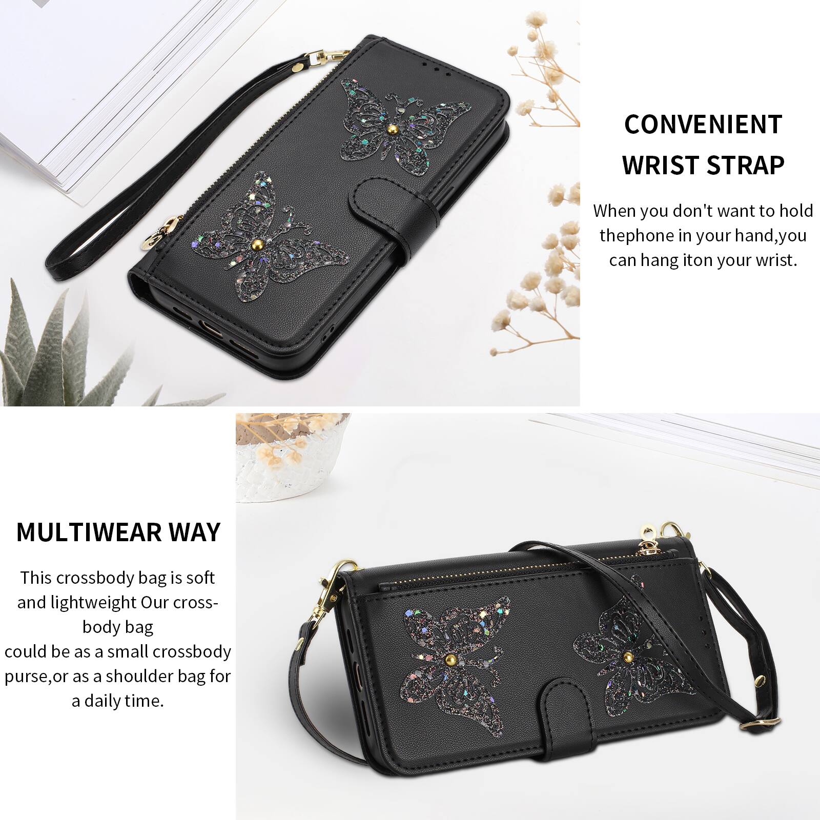 CONVENIENT WRIST STRAP  
When you don't want to hold the phone in your hand, you can hang it on your wrist.  

MULTIWEAR WAY  
This crossbody bag is soft and lightweight. Our cross-body bag could be as a small crossbody purse, or as a shoulder bag for a daily time.