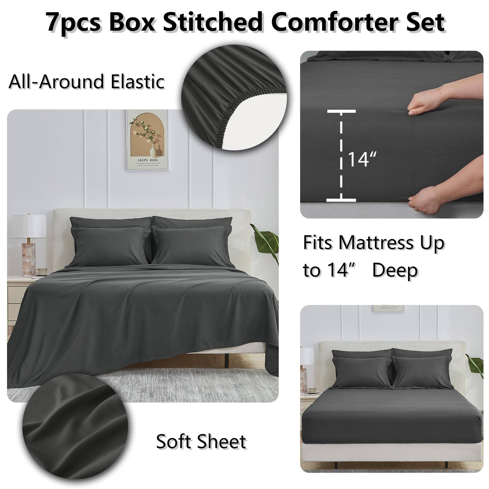 7pcs Box Stitched Comforter Set

- All-Around Elastic
- Fits Mattress Up to 14" Deep
- Soft Sheet