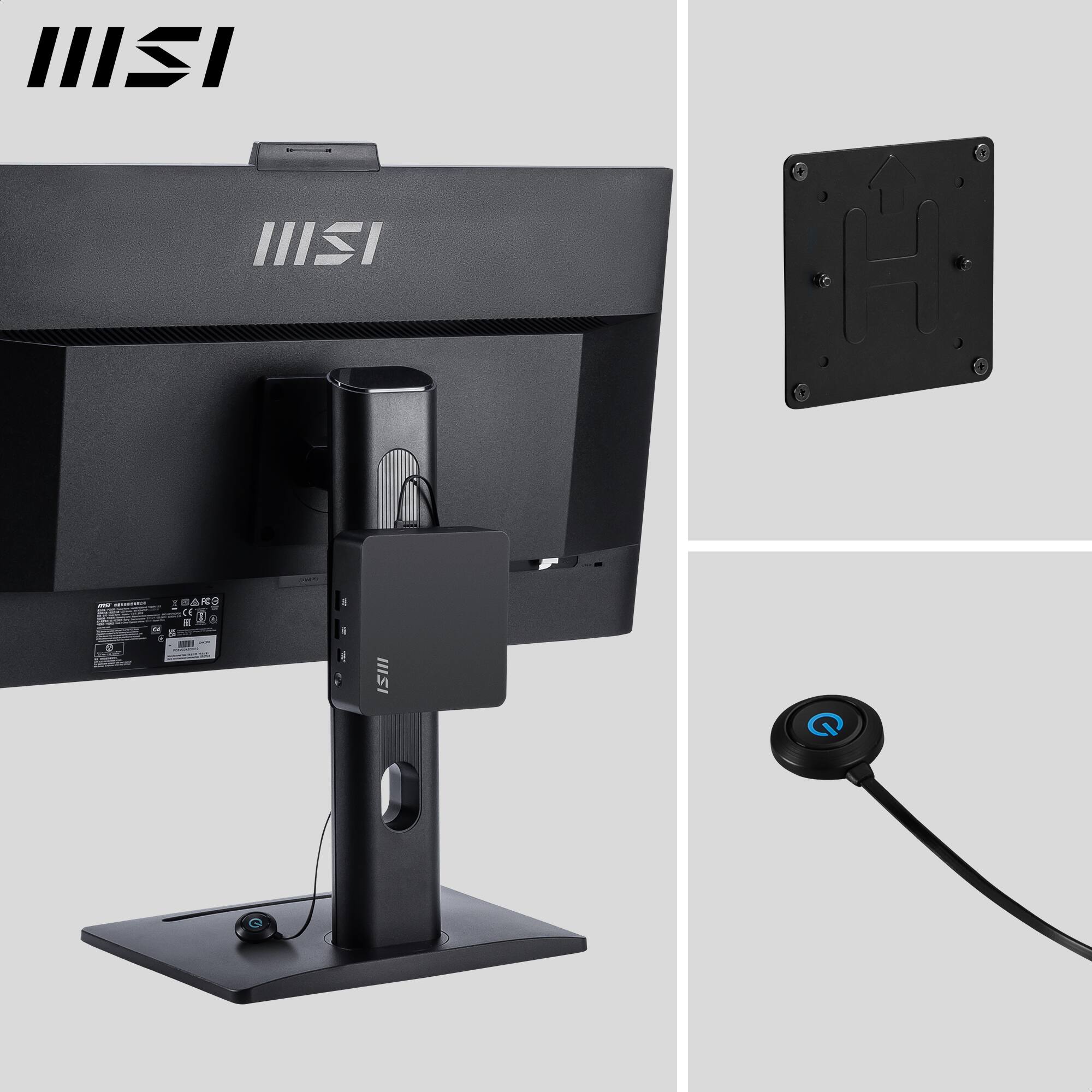 I. A computer monitor with a black stand.
II. A computer monitor with a black stand and a remote control.
III. A computer monitor with a black stand and a remote control, and a small box.