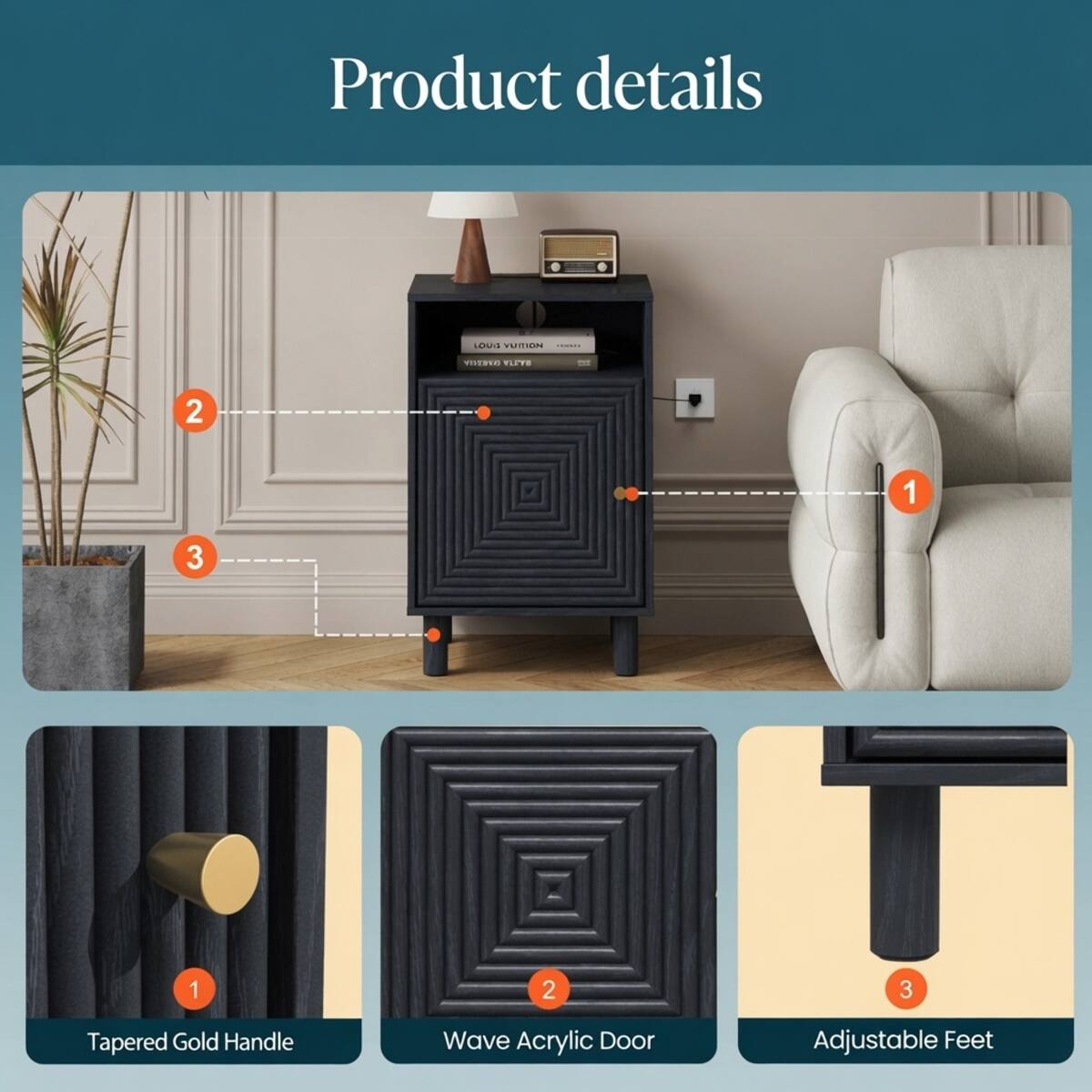 Product details

LOUIS VUITTON  
VISTAVO VILUTE

1. Tapered Gold Handle
2. Wave Acrylic Door
3. Adjustable Feet