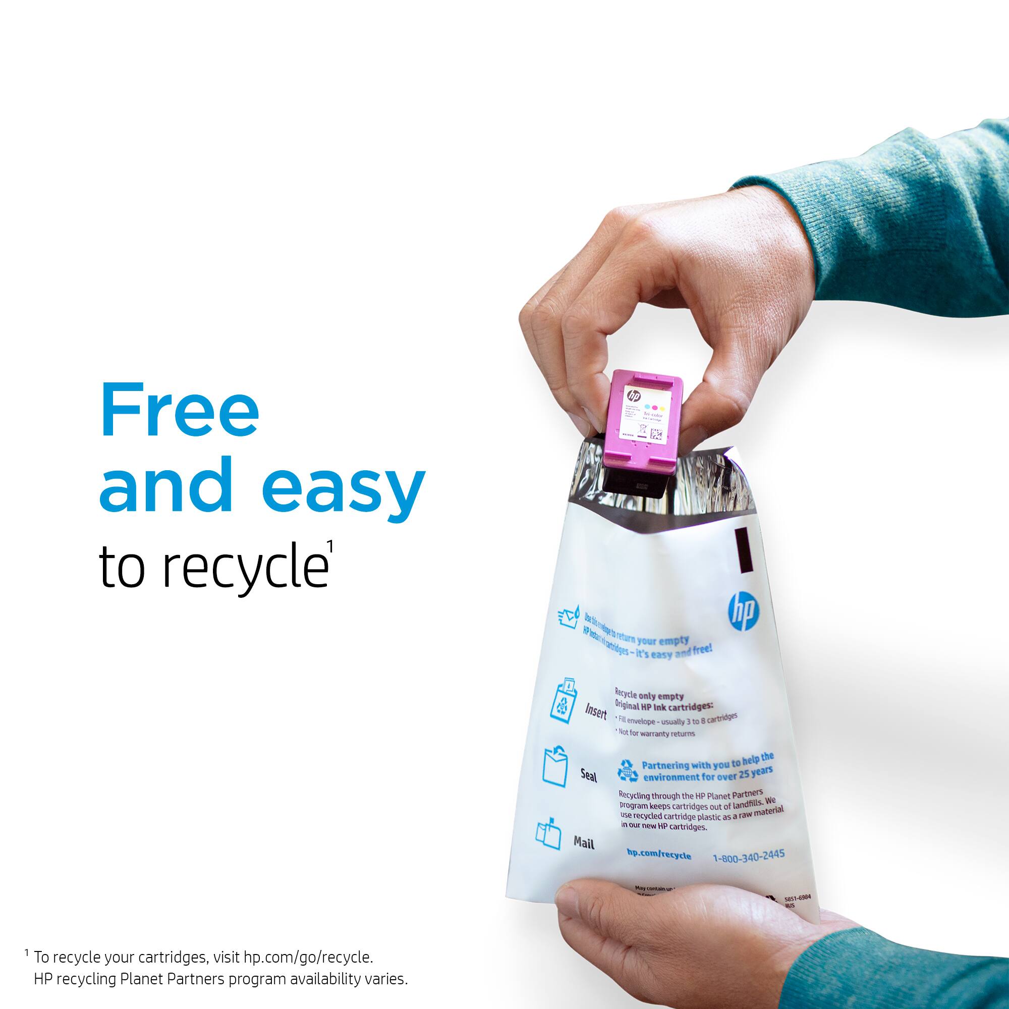 Free and easy to recycle¹

Insert only empty Original HP ink cartridges. - No warranty returns

Seal

Mail

Partnering with you to help the environment for over 25 years

Recycling through the HP Planet Partners program keeps cartridges out of landfills and turns recycled cartridge plastic into new HP cartridges.

hp.com/recycle 1-800-340-2445

¹To recycle your cartridges, visit hp.com/go/recycle. HP recycling Planet Partners program availability varies.