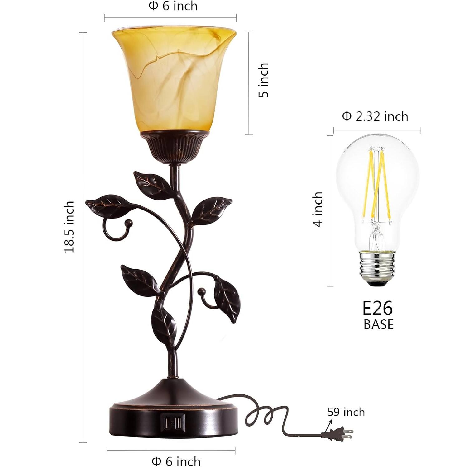 - 6 inch
- 5 inch
- 2.32 inch
- 18.5 inch
- 4 inch
- E26 BASE
- 59 inch