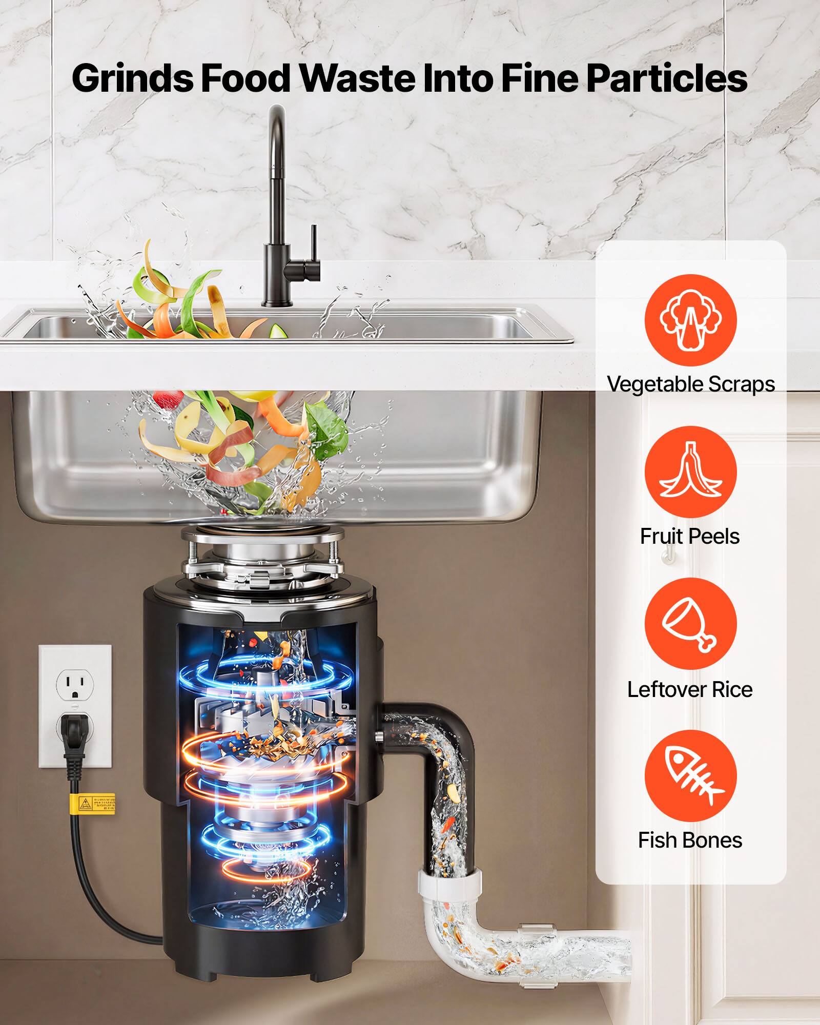 Grinds Food Waste Into Fine Particles

- Vegetable Scraps
- Fruit Peels
- Leftover Rice
- Fish Bones