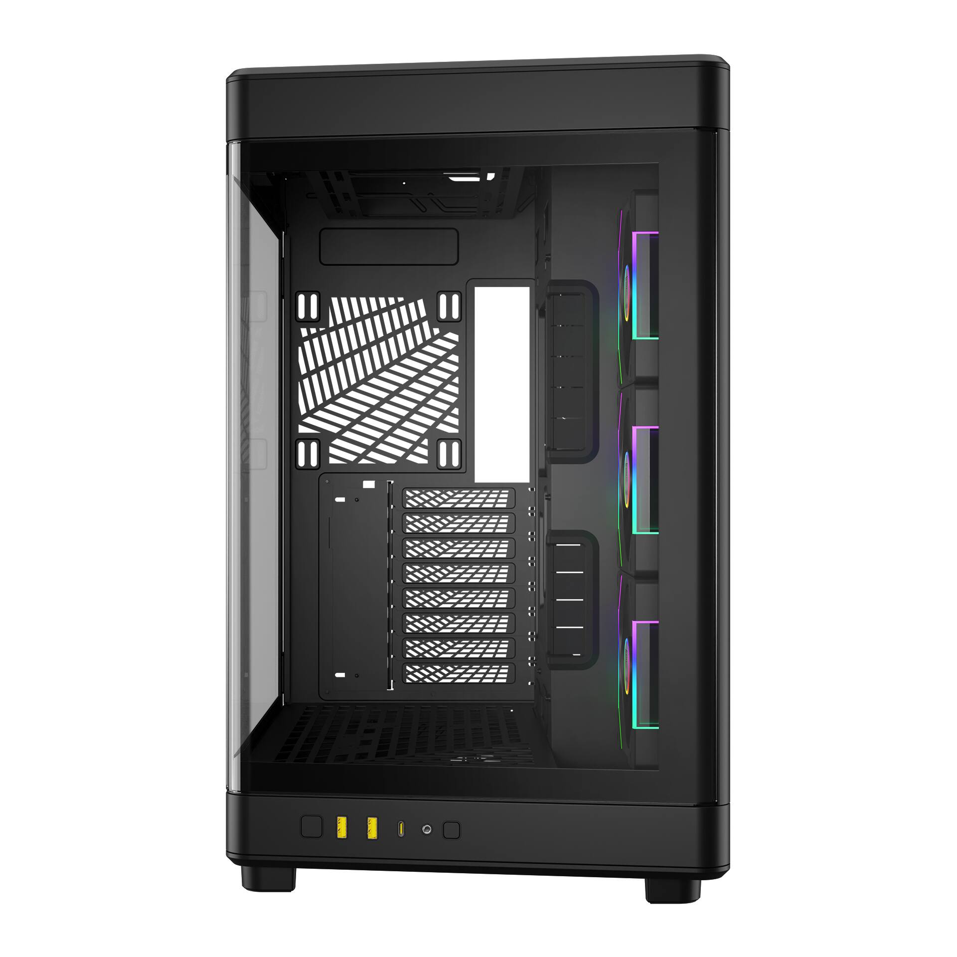 Back. GAMDIAS - NESO P1 PRO black ATX pc case a high-end full-tower with a unique trapezoidal design, fits GPU 426mm - Black.