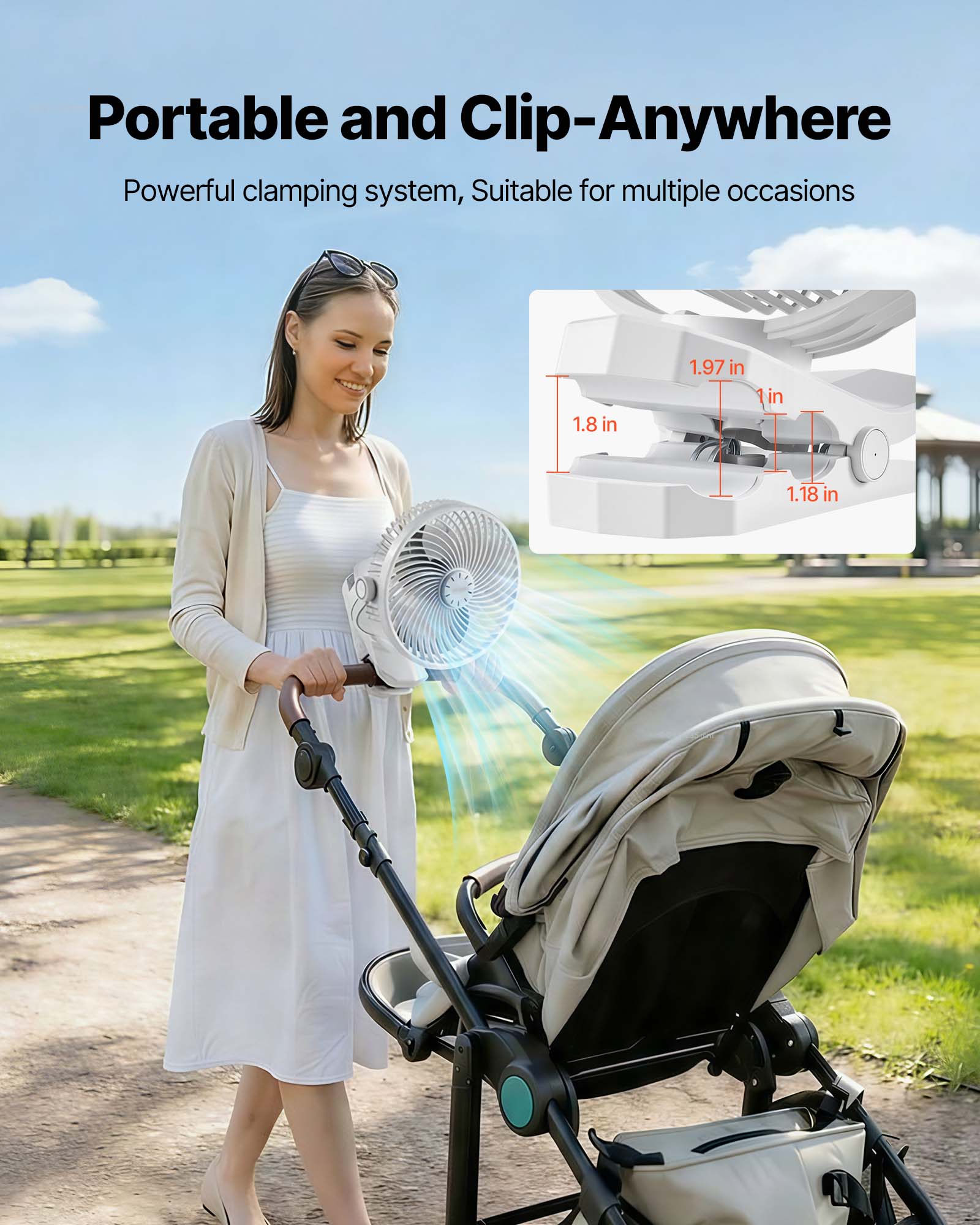 Portable and Clip-Anywhere  
Powerful clamping system, Suitable for multiple occasions  

1.8 in  
1.97 in  
1 in  
1.18 in