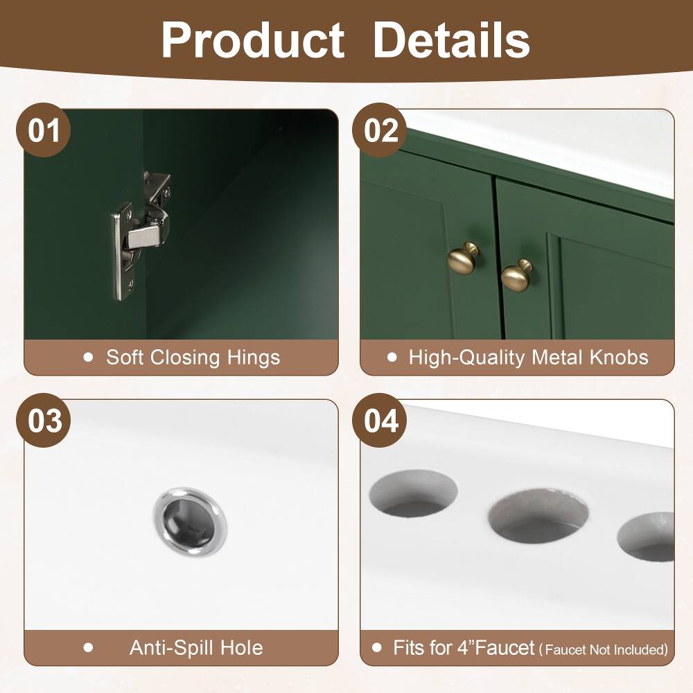 Product Details
01
Soft Closing Hinges
02
High-Quality Metal Knobs
03
Anti-Spill Hole
04
Fits for 4" Faucet (Faucet Not Included)