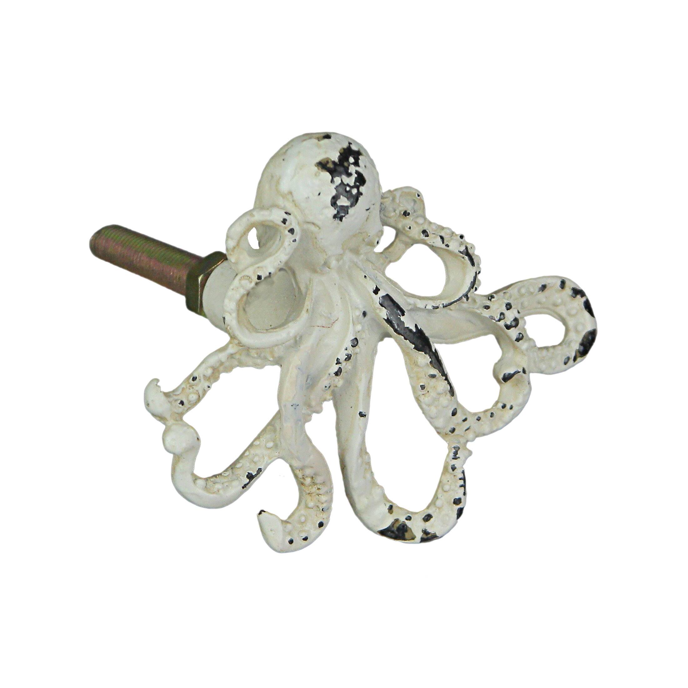 Alt View 1. Moby Dick Specialties - Set of 6 Distressed Finish Coastal White Cast Iron Octopus Drawer Pulls Cabinet Knobs - White.