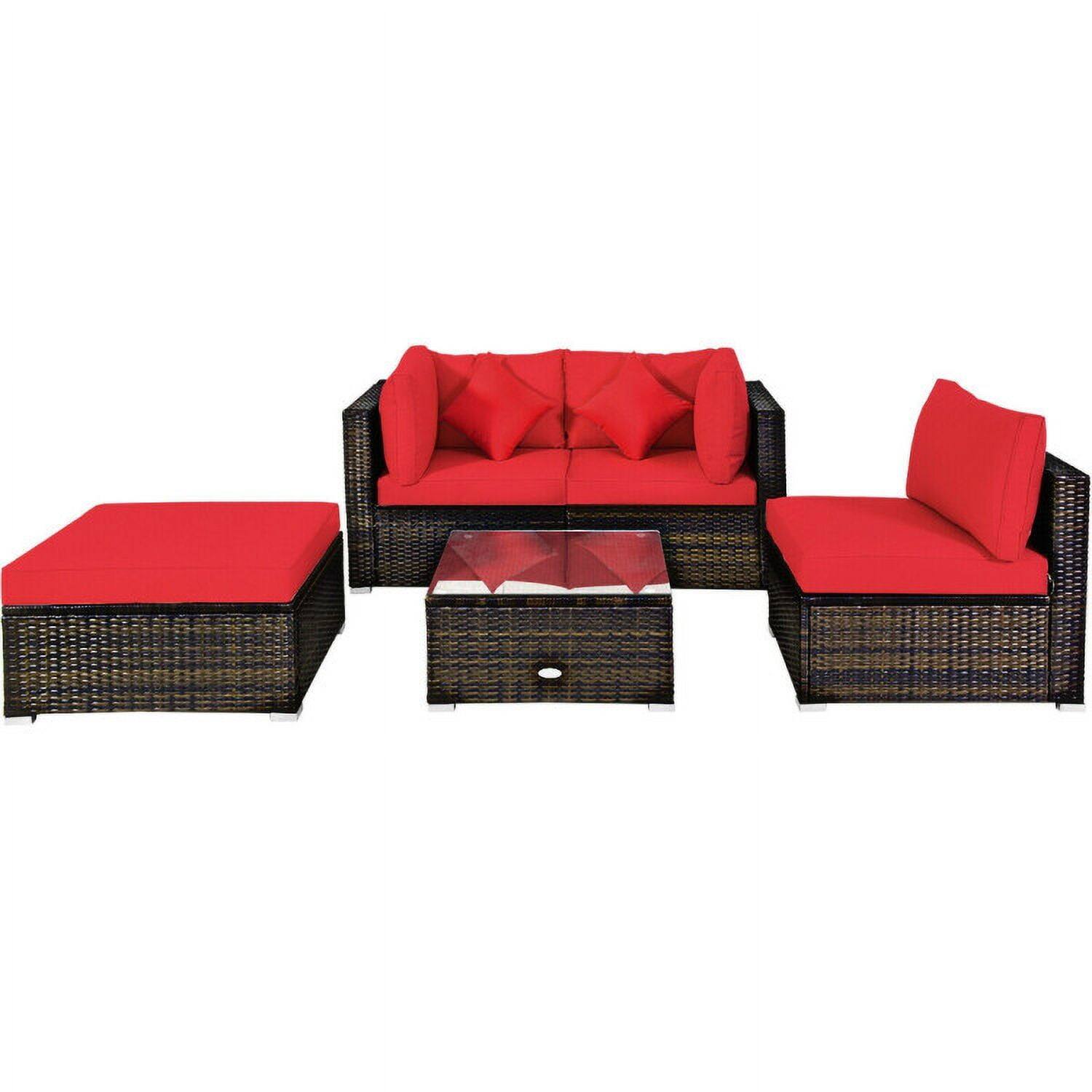 Left. Kadyn - 5 Pcs Outdoor Patio Rattan Furniture Set Sectional Conversation with Navy Cushions-Red, Patio Seating Conversation - Red.