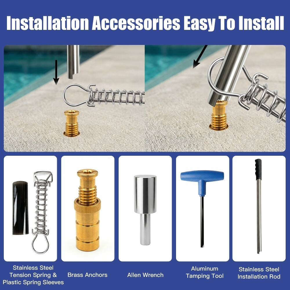 Installation Accessories Easy To Install

- Stainless Steel Tension Spring & Plastic Spring Sleeves
- Brass Anchors
- Allen Wrench
- Aluminum Tamping Tool
- Stainless Steel Installation Rod