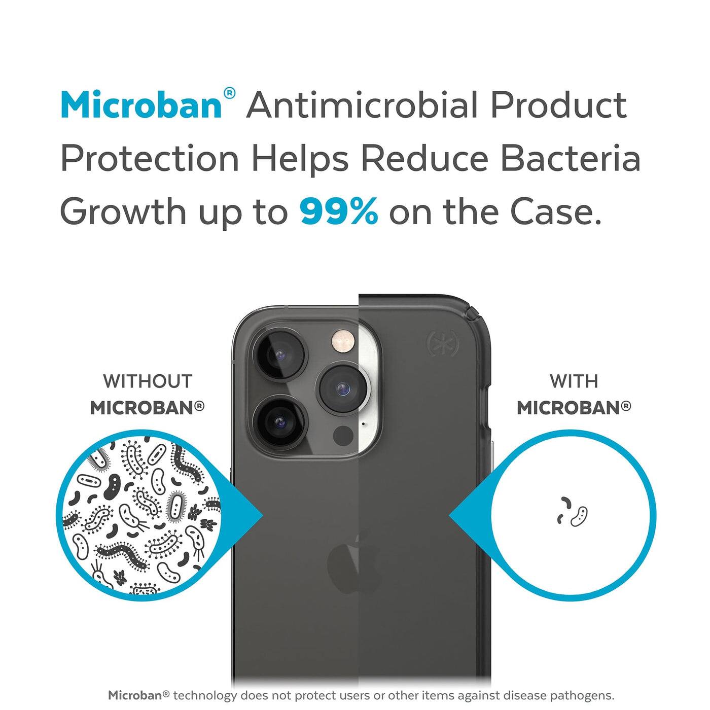 Microban Antimicrobial Product Protection Helps Reduce Bacteria Growth up to 99% on the Case. Microban technology does not protect users or other items against disease pathogens. WITHOUT MICROBAN WITH MICROBAN