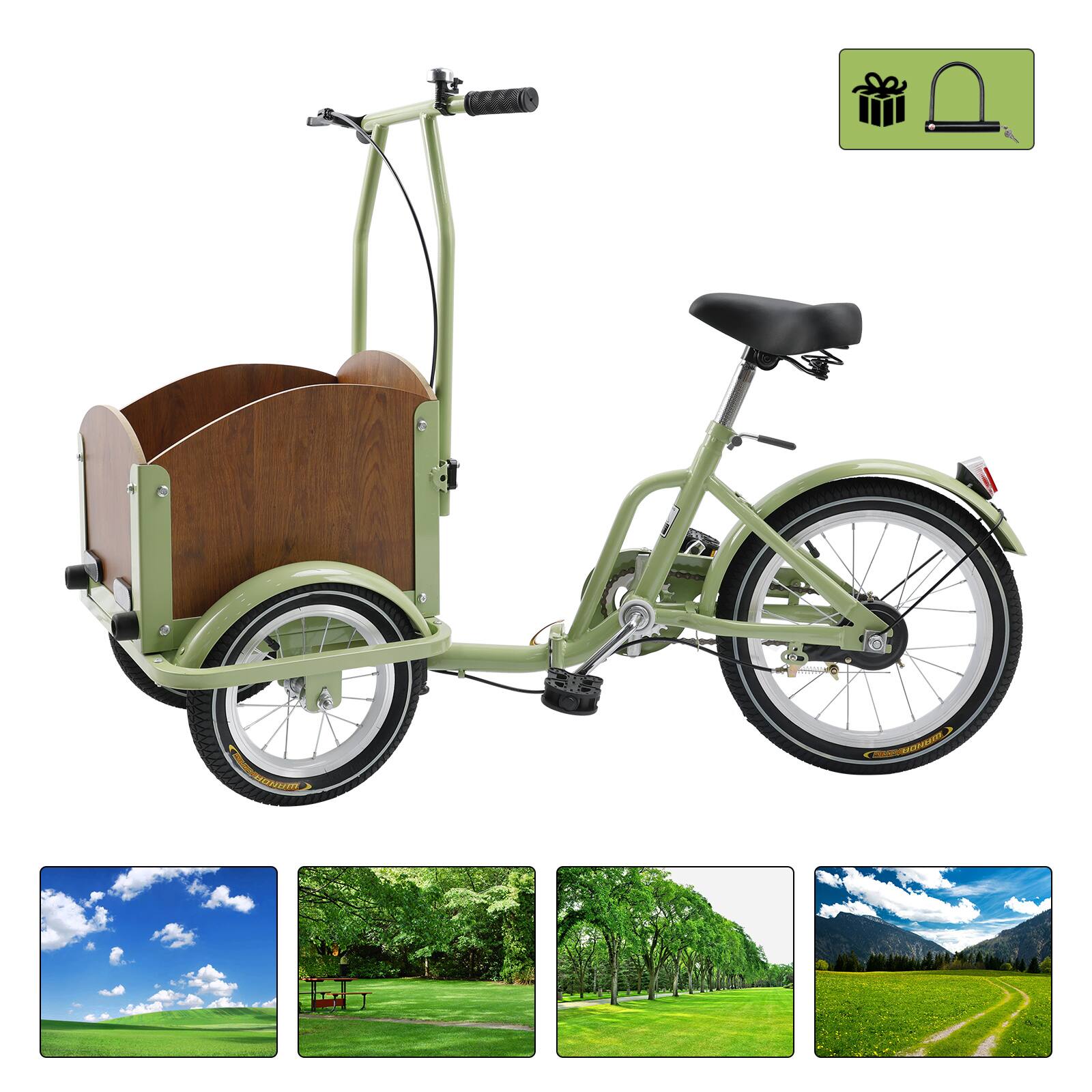 Left. Topteng - Kid Tricycle Three wheel bike Trike for Child, Boy, Girl, 16 Inch Wheels with Front Wood Cargo Rack for Small Pet, Green - Green.