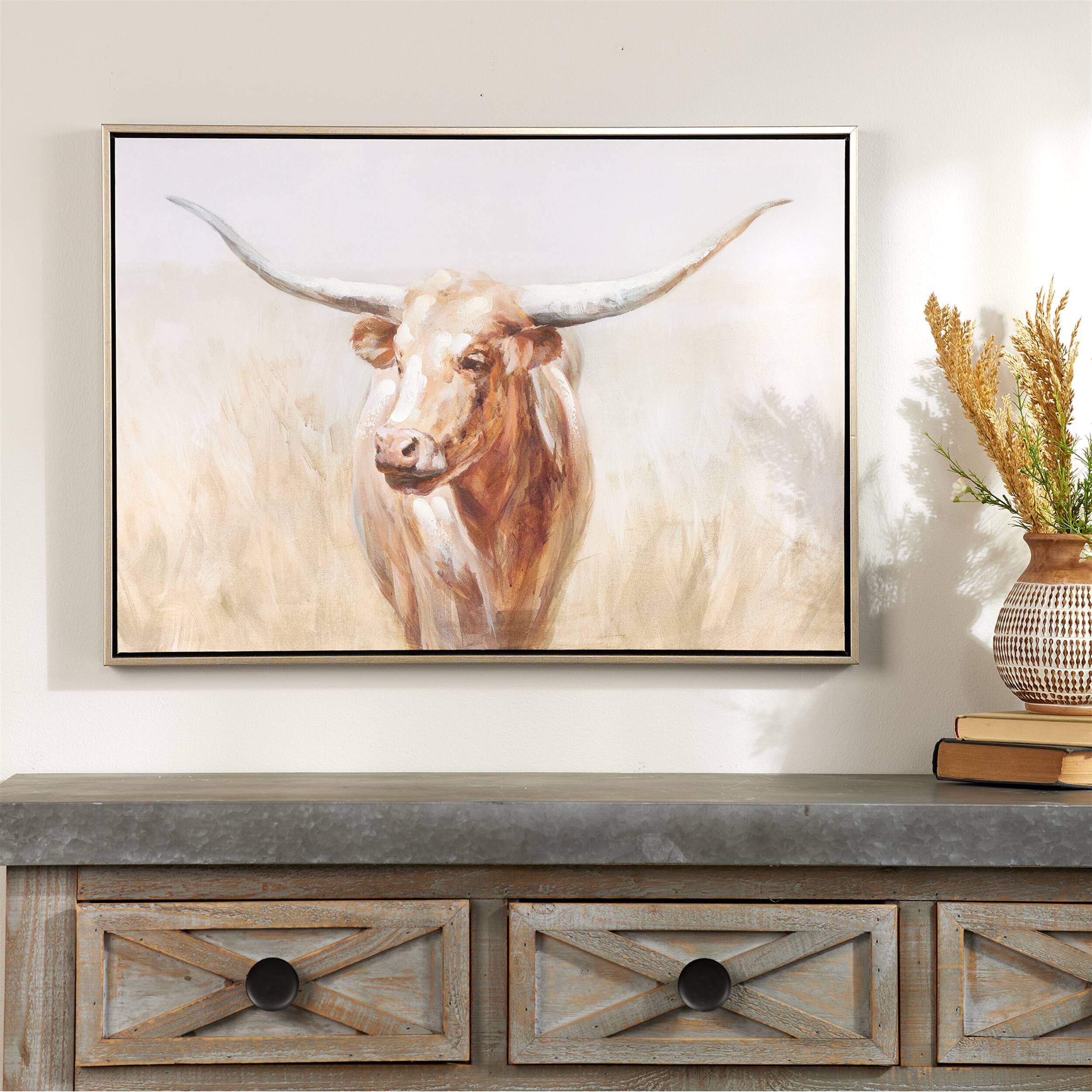 Angle. BreeBe - Framed Long Horn Cattle Wall Art 28"L - Brown, Beige.
