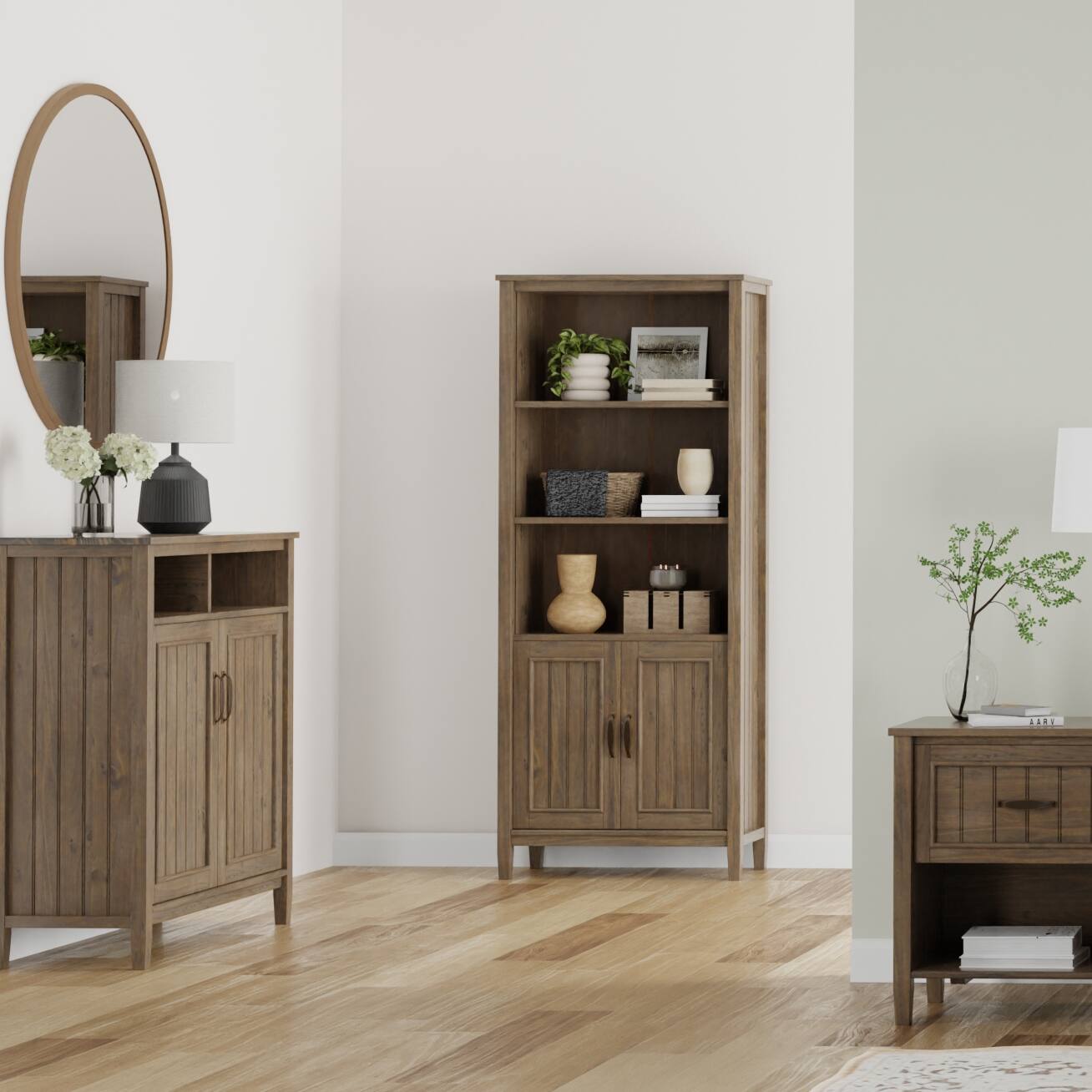 Angle. Simpli Home - Lev SOLID WOOD 72 inch x 30 inch Transitional Bookcase in Smoky Brown - Smoky Brown.