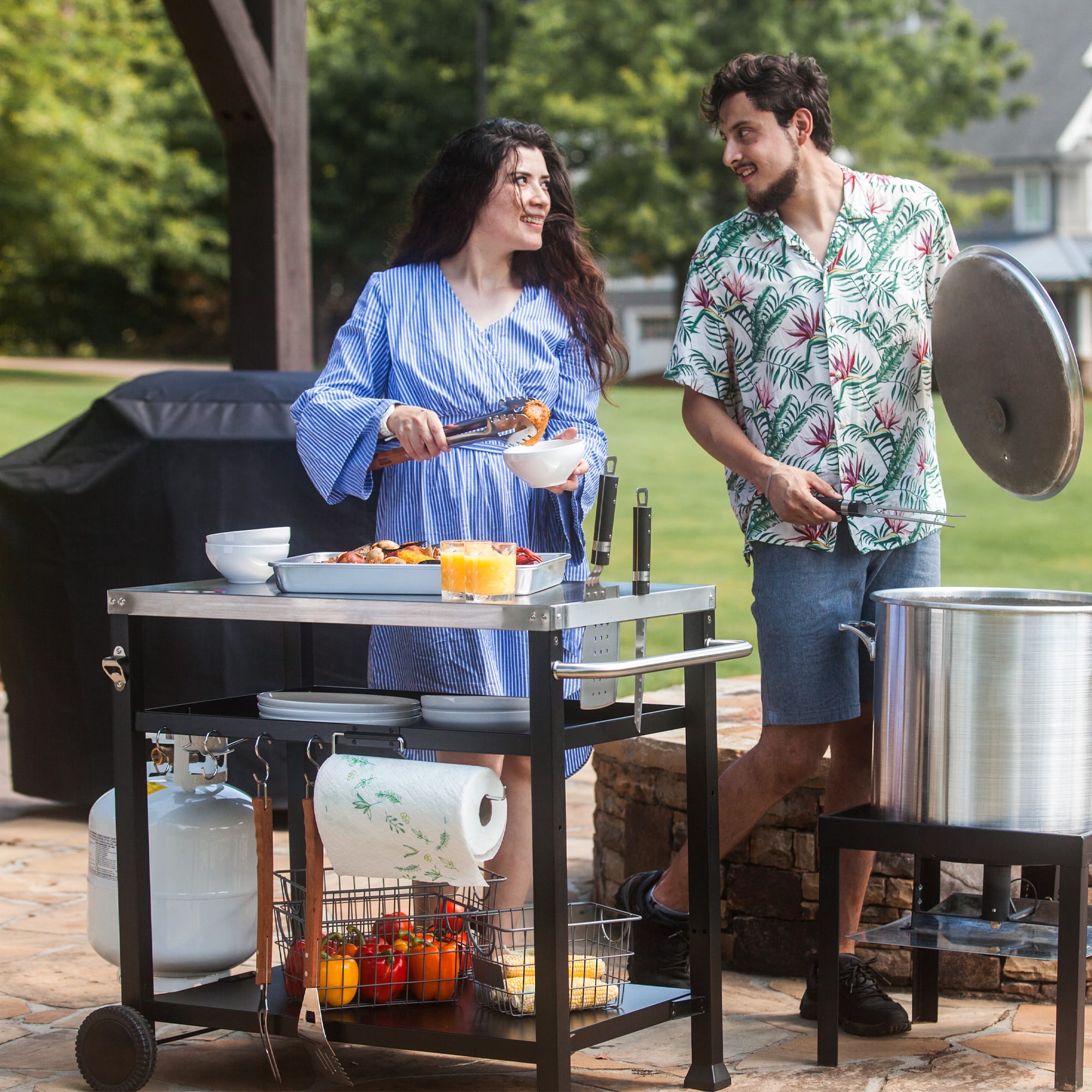 FEASTO 3 Shelf Outdoor Grill Cart with Wheels, Pizza Oven Stand