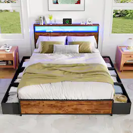Furnulem - Platform Bed with 6 Drawers and Open Storage Headboard Adjustable LED Light and Charging Station - Brown