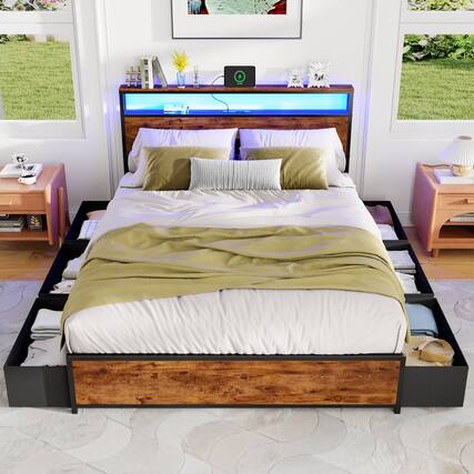 Front. Furnulem - Bed Frame with Storage Drawers Bookcase Headboard Charging Station LED Lights Heavy Duty Support No Box Spring Needed - Brown.