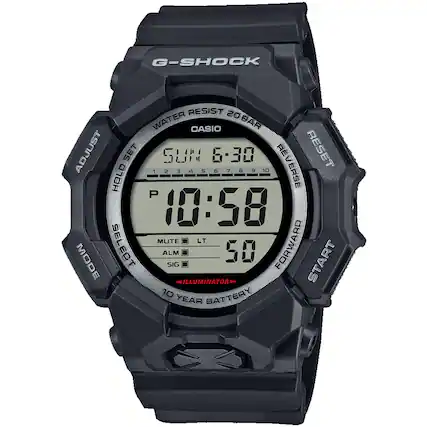 G-SHOCK RESIST WATER CASIO 20BAR
ADJUST HOLD SET SUM 6-30 7 6 REVERSE RESET 1234567891 E 5 5 HOLD P 10:58 MUTE LT MODE SELECT ALM SIG 50 FORWARD START ILLUMINATOR 10 BATTERY YEAR
