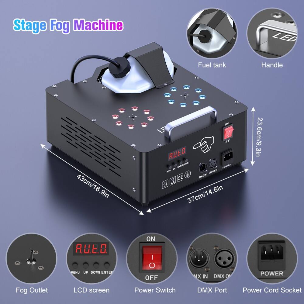 Stage Fog Machine

- Fuel tank
- Handle
- Fog Outlet
- LCD screen
- Power Switch
- DMX Port
- Power Cord Socket

Dimensions:
- 43cm/16.9in
- 37cm/14.6in
- 23.6cm/9.3in

Controls:
- ON/OFF
- MENU UP DOWN ENTER
- DMX IN DMX OUT
- POWER

LED

R.U.E.O.