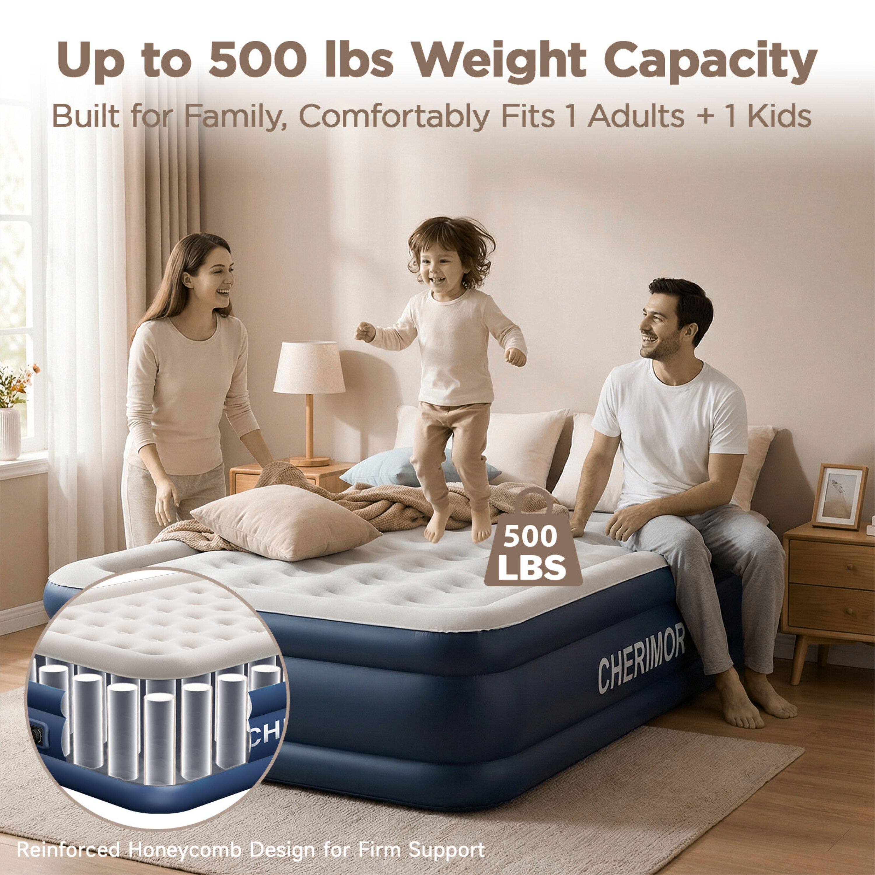 Up to 500 lbs Weight Capacity  
Built for Family, Comfortably Fits 1 Adults + 1 Kids  

500 LBS CHERIMOR  

Reinforced Honeycomb Design for Firm Support