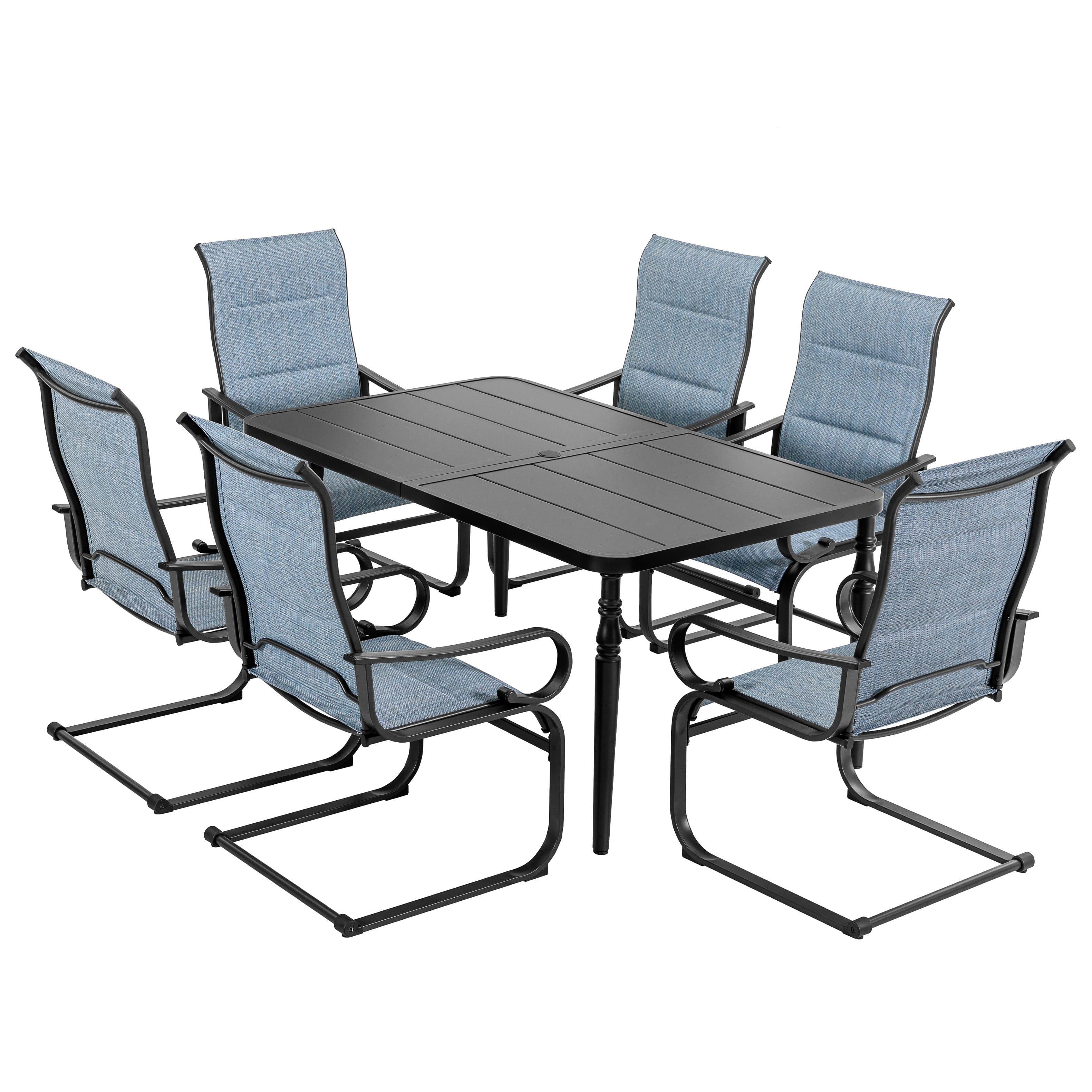 Nuu Garden - Outdoor 7-Piece Padded Textilene Metal Dining Set with 1.6'' Umbrella Hole - Black and Blue