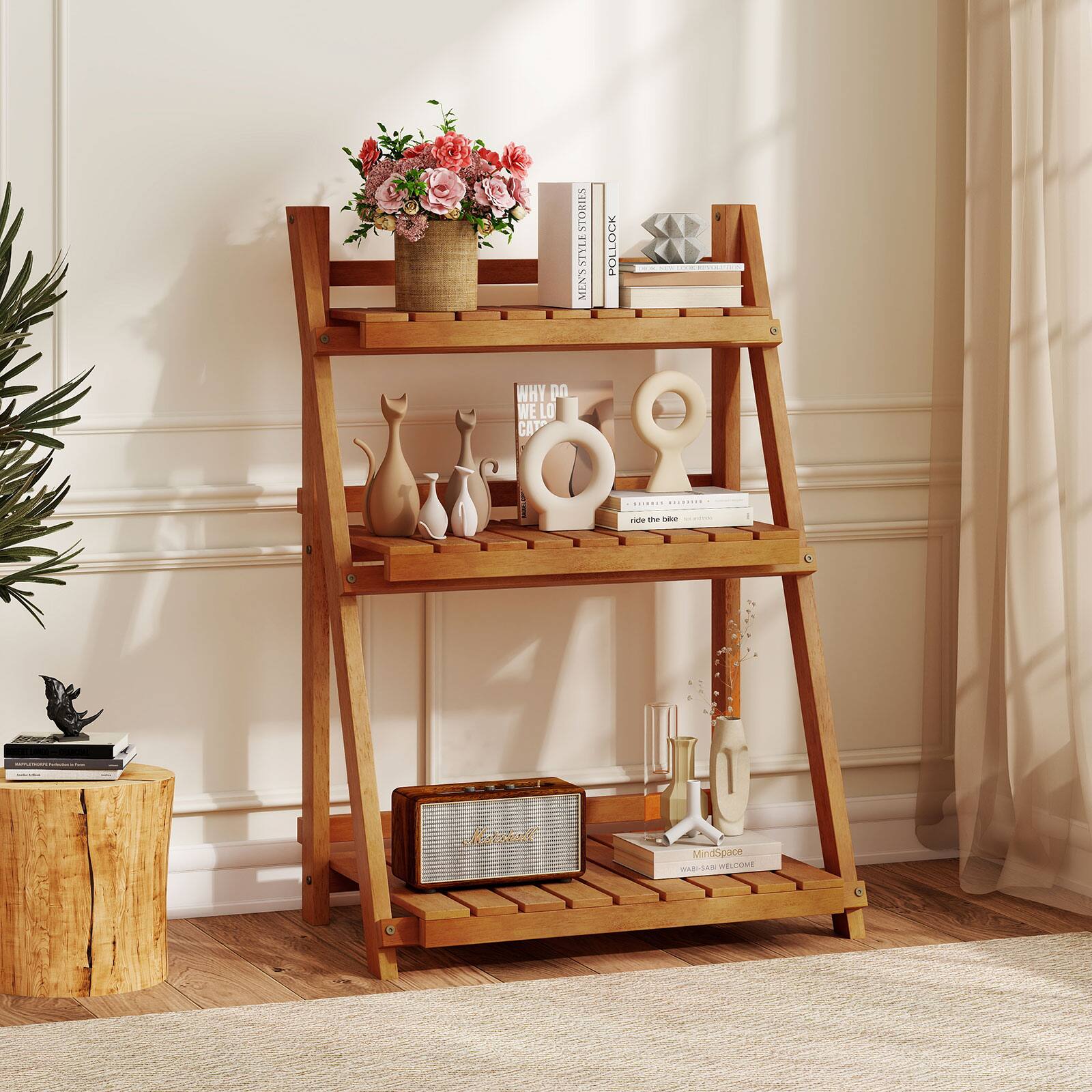 Sure, here is the corrected and grouped text from the image:

**Top Shelf:**
- "KISS ME"
- "PEACE"

**Second Shelf:**
- "WHY WE LOVE CATS"
- "ride the bike"

**Third Shelf:**
- "MindSpace"
- "WELCOME"

**Bottom Shelf:**
- "MindSpace"
- "WELCOME"

**Books on the Side:**
- "KISS ME"
- "PEACE"

**Additional Text:**
- "MindSpace" (on the small book on the bottom shelf)