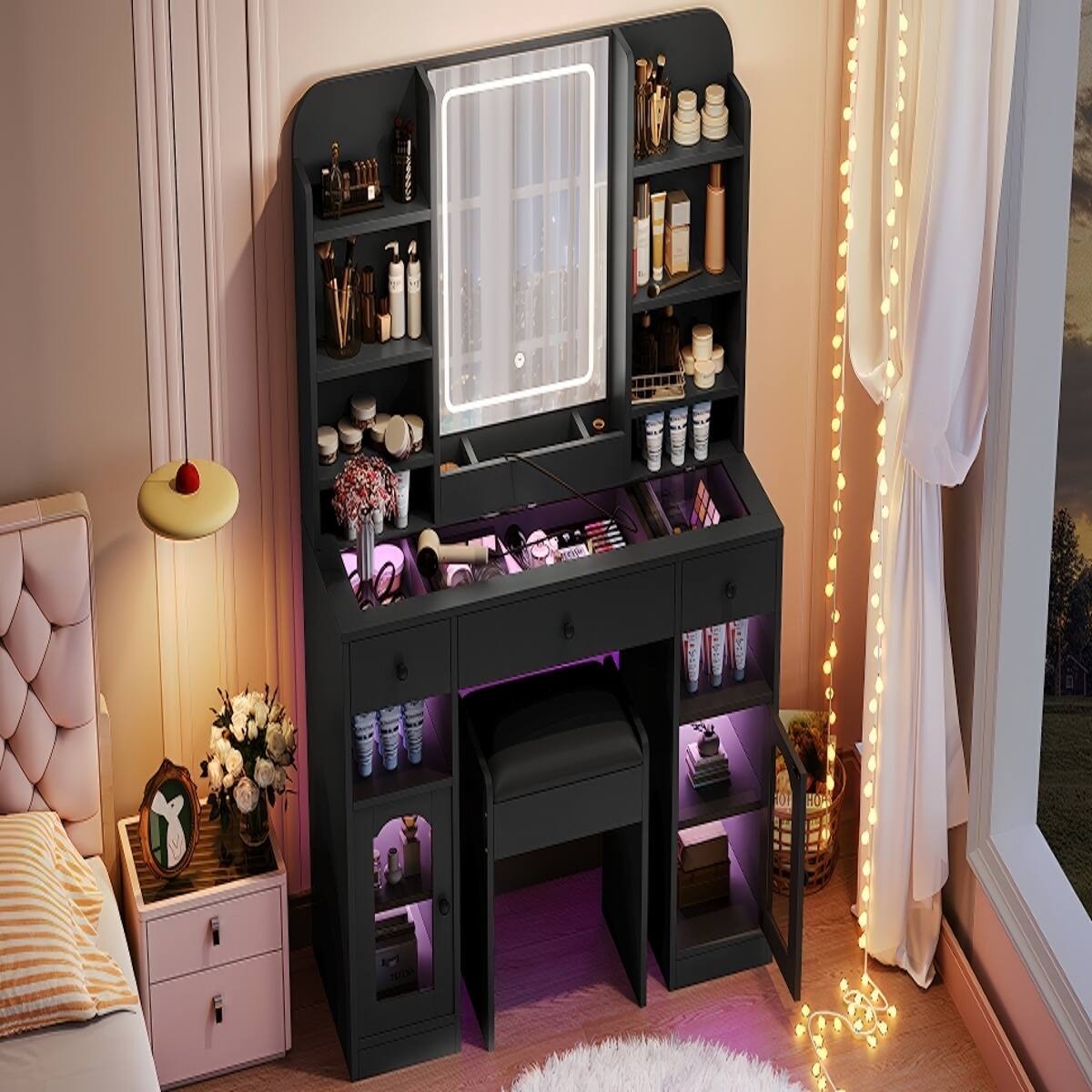 Alt View 4. Loheer - Loheer Vanity Desk with LED Mirror, RGB Glass Cabinets, Three Drawers, Storage Shelves and Stool, 43.2 Inch Black - Black.