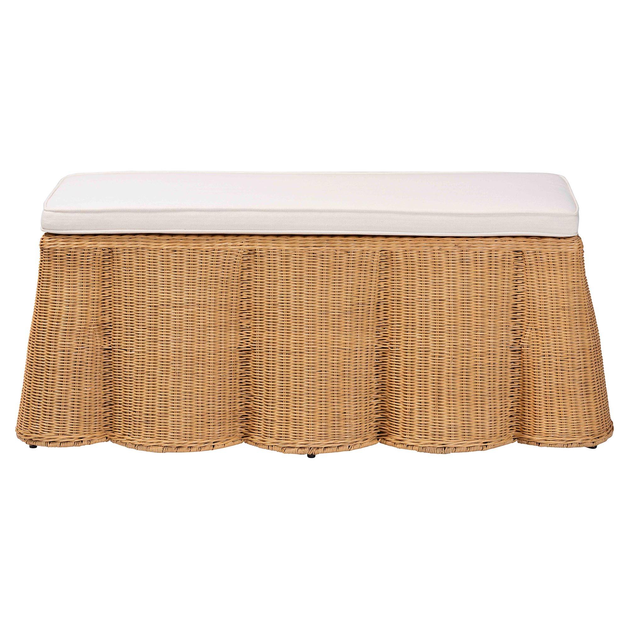 Angle. bali & pari - Palm Scallop Natural Rattan Ottoman with Cushion – Handwoven Wicker Accent Bench - Light Honey.