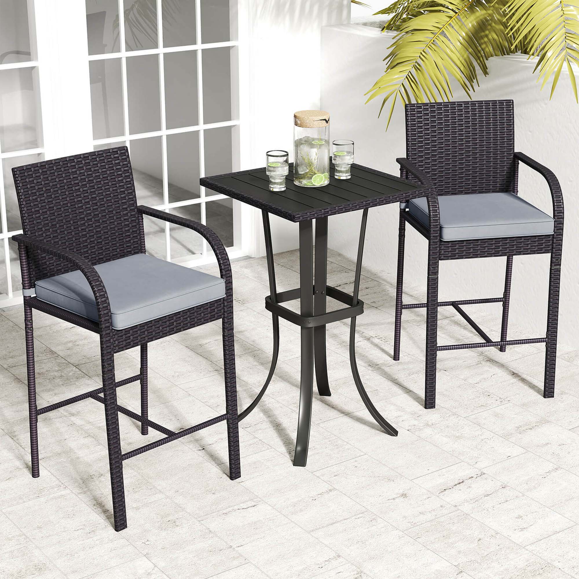 Alt View 3. Costway - 3 PCS Patio Wicker Bar Set Rattan Chairs & Square Table with Heavy-Duty Metal Frame - Black,Gray.