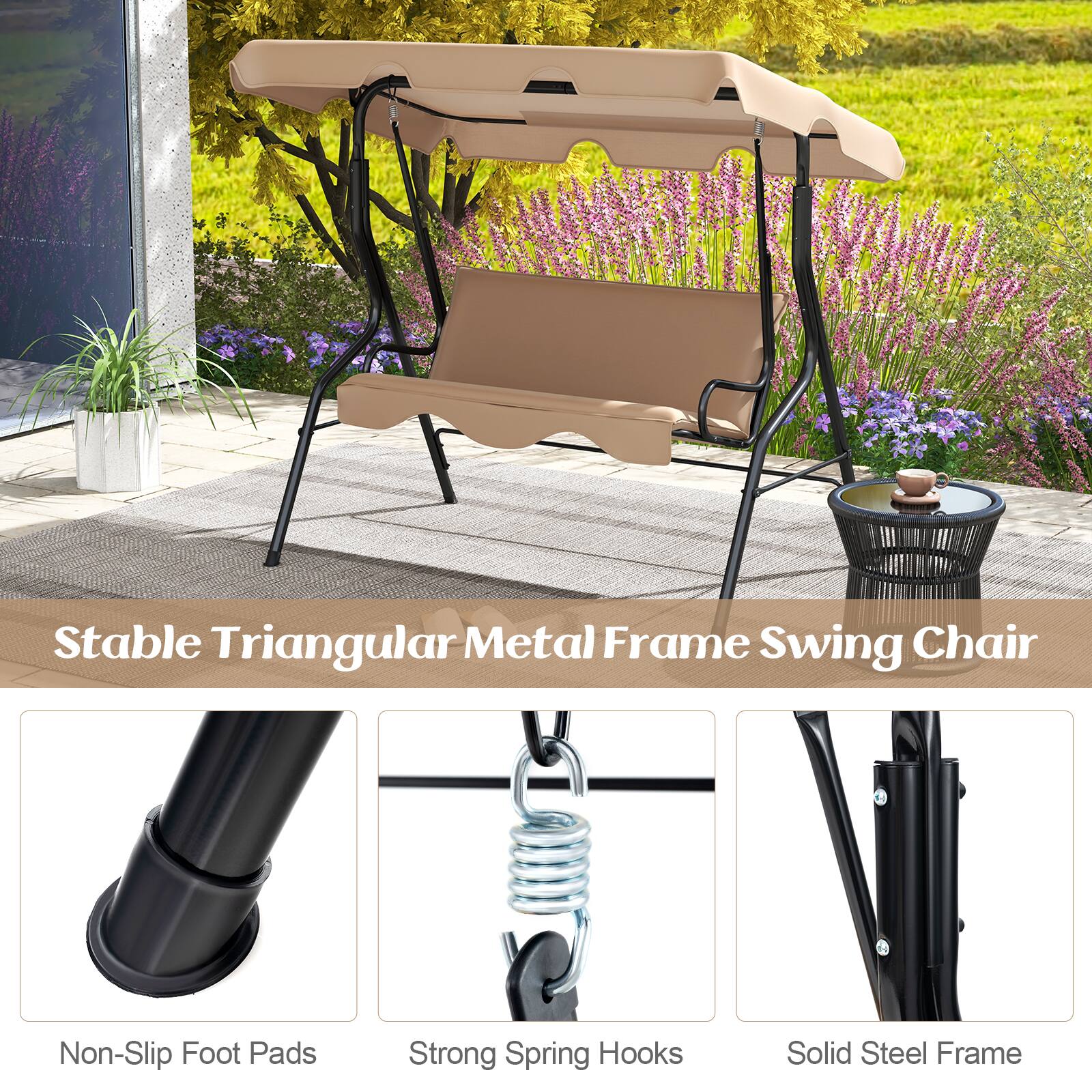 Stable Triangular Metal Frame Swing Chair Non-Slip Foot Pads Strong Spring Hooks Solid Steel Frame
