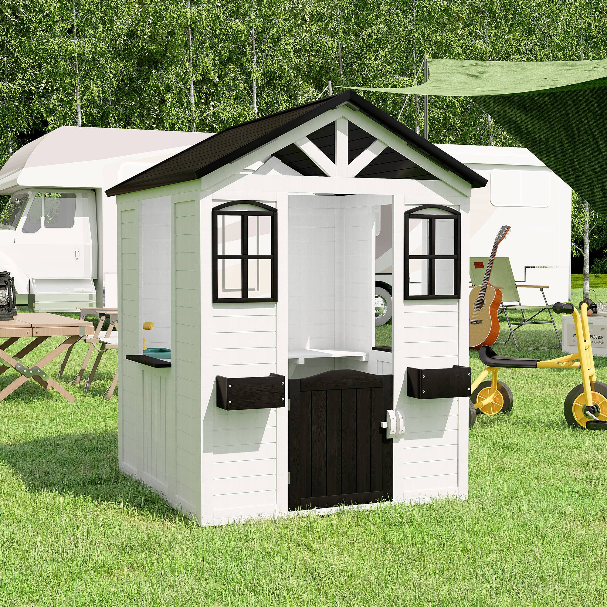 Left. U-HOMY - White Wooden Playhouse for Kids with Door & Windows - White.