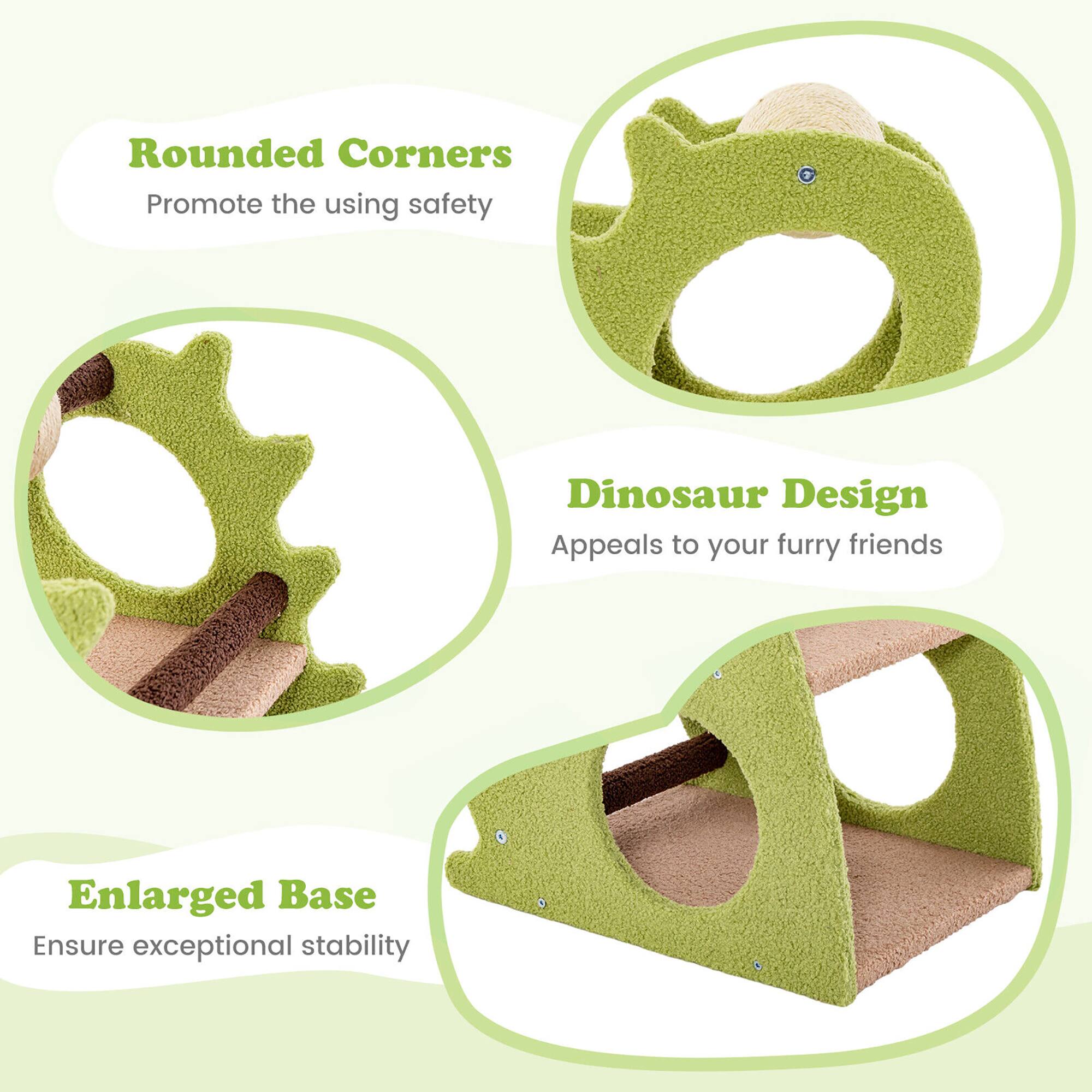 Rounded Corners  
Promote the using safety  

Dinosaur Design  
Appeals to your furry friends  

Enlarged Base  
Ensure exceptional stability