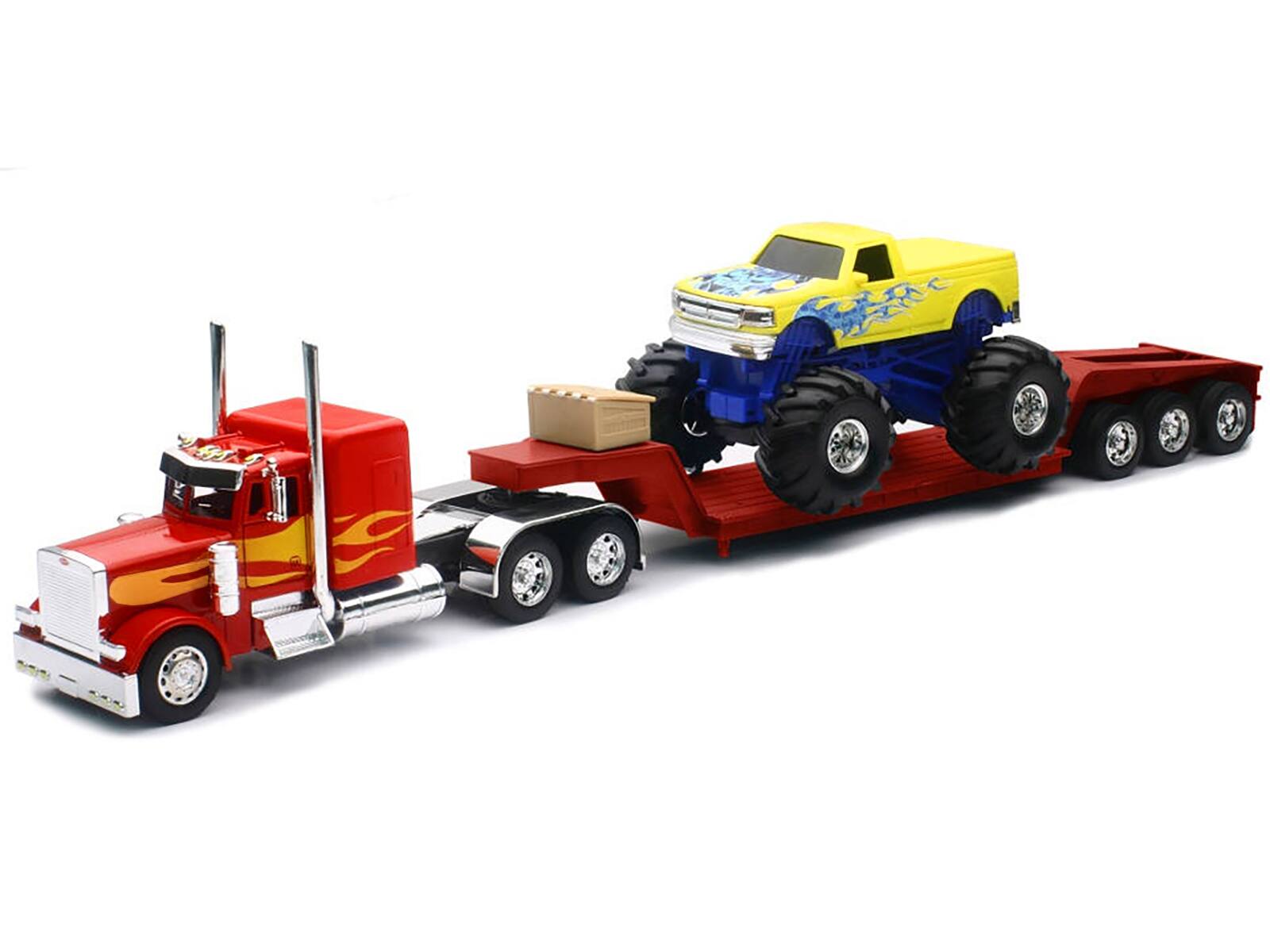 Alt View 1. New Ray - Peterbilt 379 Truck with Lowboy Trailer Red w/Orange Flames and Monster Truck Yellow w/Blue Flames 1/32 Model by New Ray.