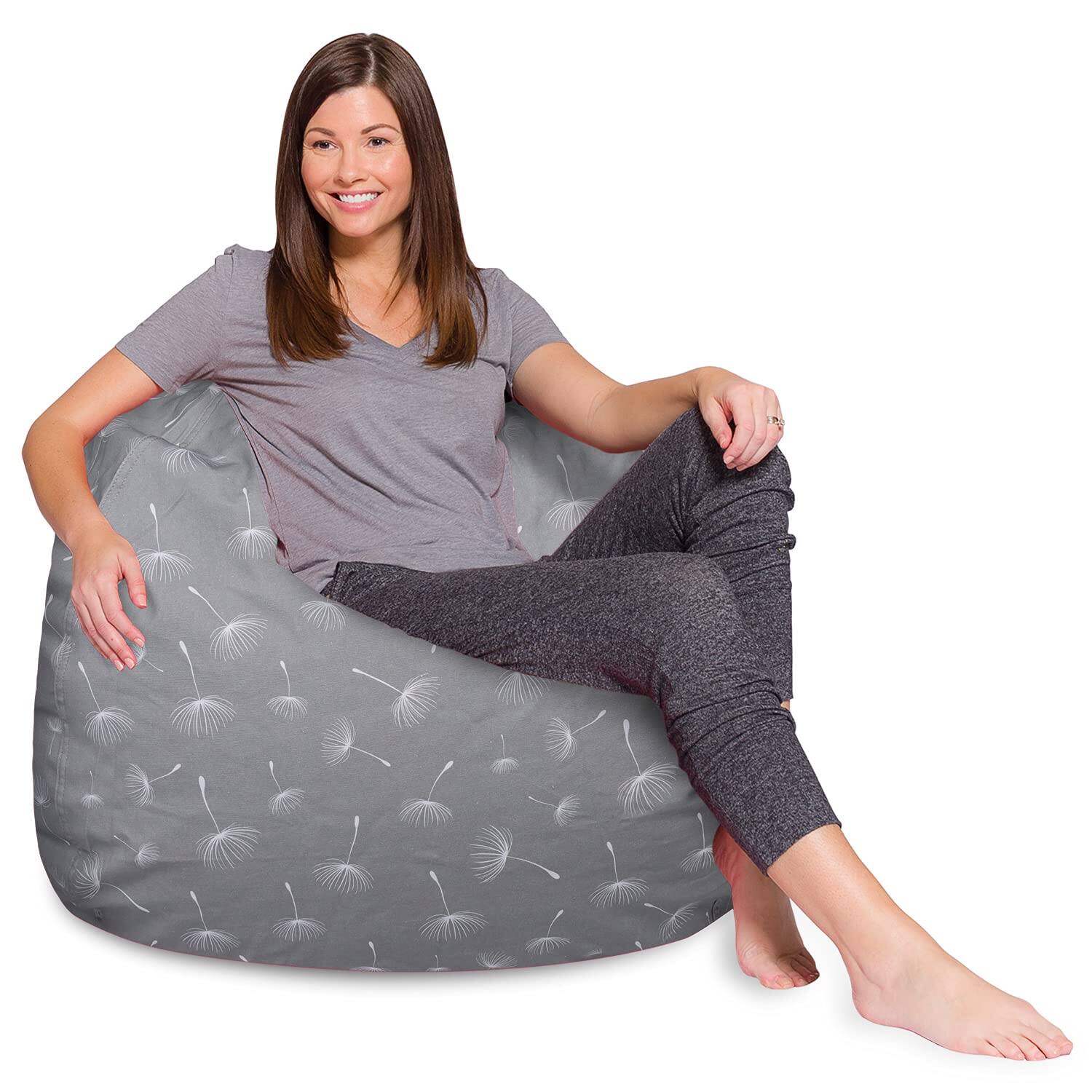 JETRANSPORT - Bean Bag Chair For Teens And Adults Includes Removable Machine Washable Cover Solid Pink 38in - Large - Canvas White Dandelions on Gray 48in