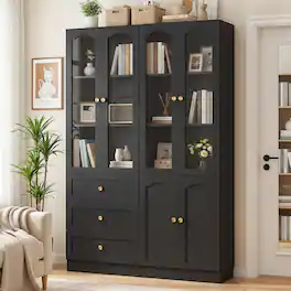 Aheaplus - 47.2'' W Bookcase 2-Piece with Drawers and Glass Doors, 80'' Tall Bookshelf for Home & Office - Black