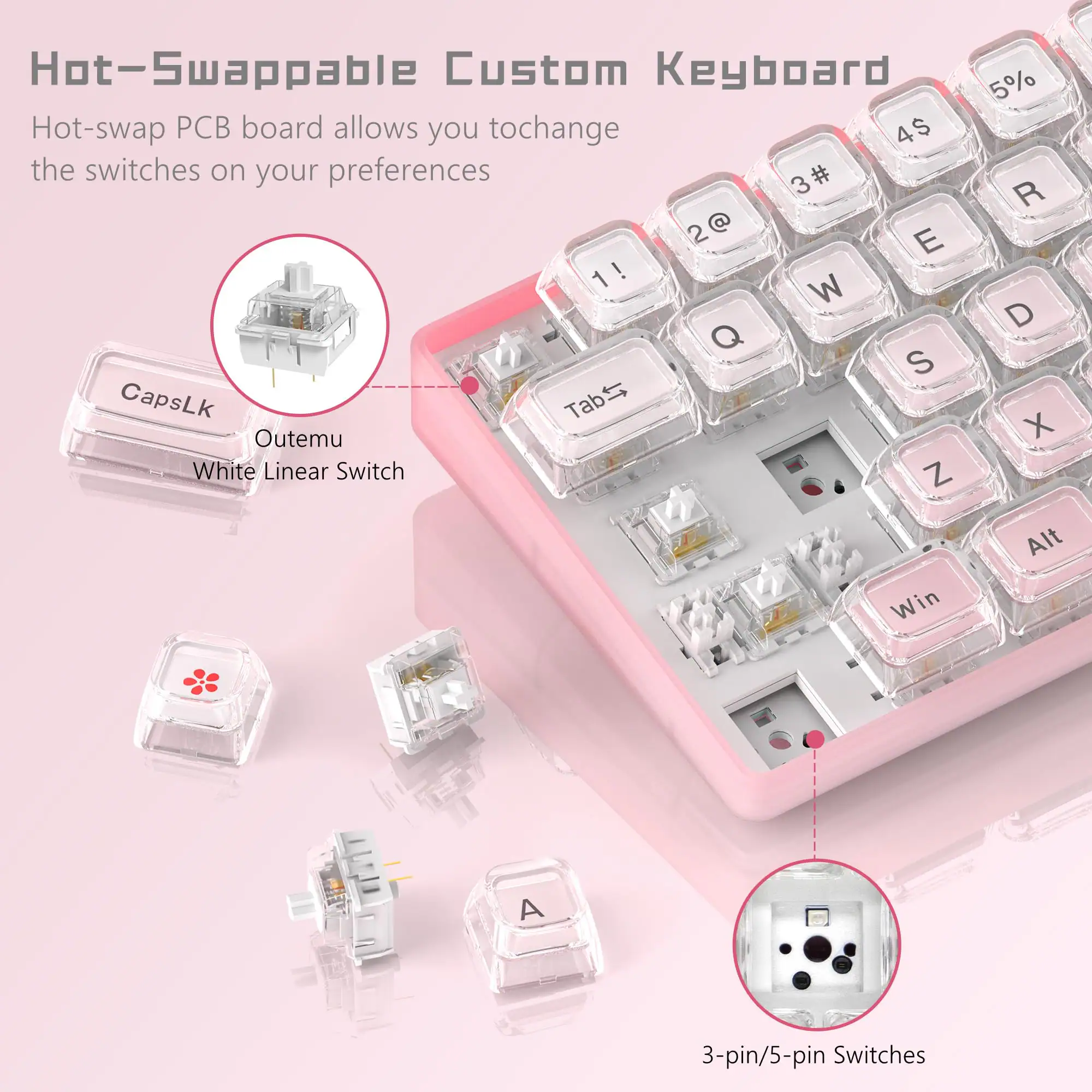 Hot-Swappable Custom Keyboard

Hot-swap PCB board allows you to change the switches on your preferences

CapsLk Outemu White Linear Switch

3-pin/5-pin Switches