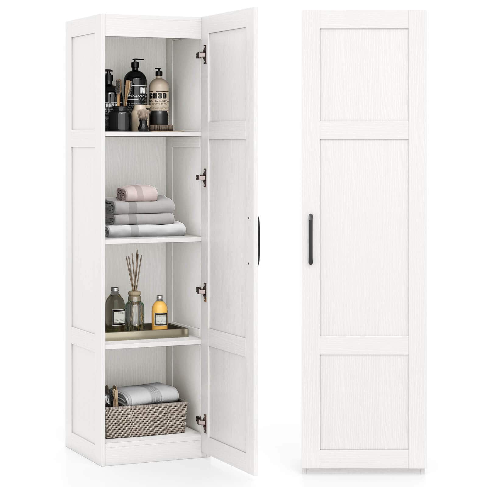 Costway - 4-Tier Storage Cabinet with Door Freestanding Bathroom Cabinet for Small Space - White