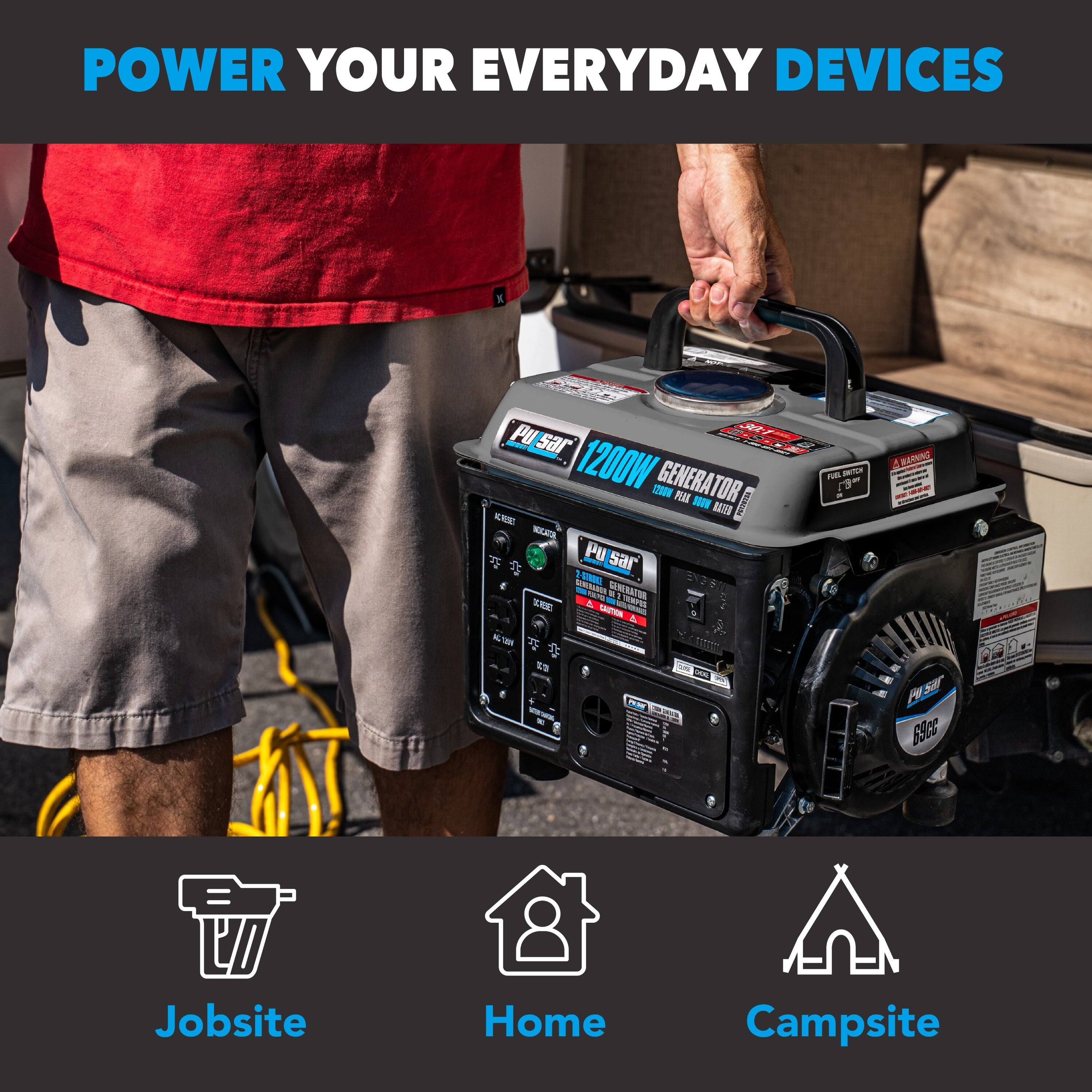 POWER YOUR EVERYDAY DEVICES

1200W GENERATOR

- SNITCH
- RA MAEN ON
- KK
- Pu sar
- 107M
- RAMA
- RAS Y
- A FERPE
- TOTTN E 14
- RERNG
- P S B9ce

Jobsite Home Campsite