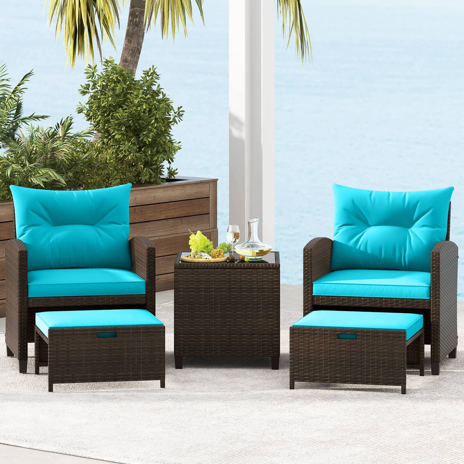Alt View 4. Costway - Costway 5 PCS Patio Rattan Furniture with 2 Wicker Ottomans & Tempered Glass Coffee Table - Mix Brown + Turquoise.