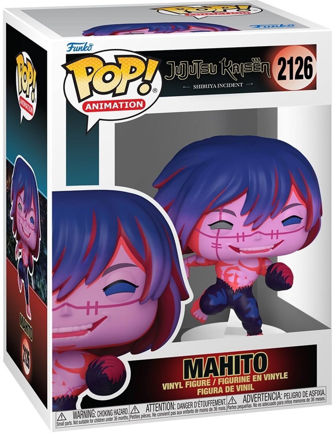 Sure, here is the corrected and grouped text from the image:

---

**Funko POP! Animation**

**Jujutsu Kaisen**  
**Shibuya Incident**  
**2126**

**Mahito**  
**Figure / Figurine en Vinyle / Vinyl Figure / Figura de Vinil**

**Warning: Choking Hazard.**  
**Attention: Danger d'étouffement.**  
**Advertencia: Peligro de asfixia.**  
**Ne convient pas aux enfants de moins de 36 mois.**  
**Not suitable for children under 36 months.**  
**Petites pièces. Ne convient pas aux enfants de moins de 36 mois.**  
**Pequeñas piezas. No es adecuado para niños menores de 36 meses.**

---

This text is organized to reflect the information on the packaging of the Funko POP! figure.