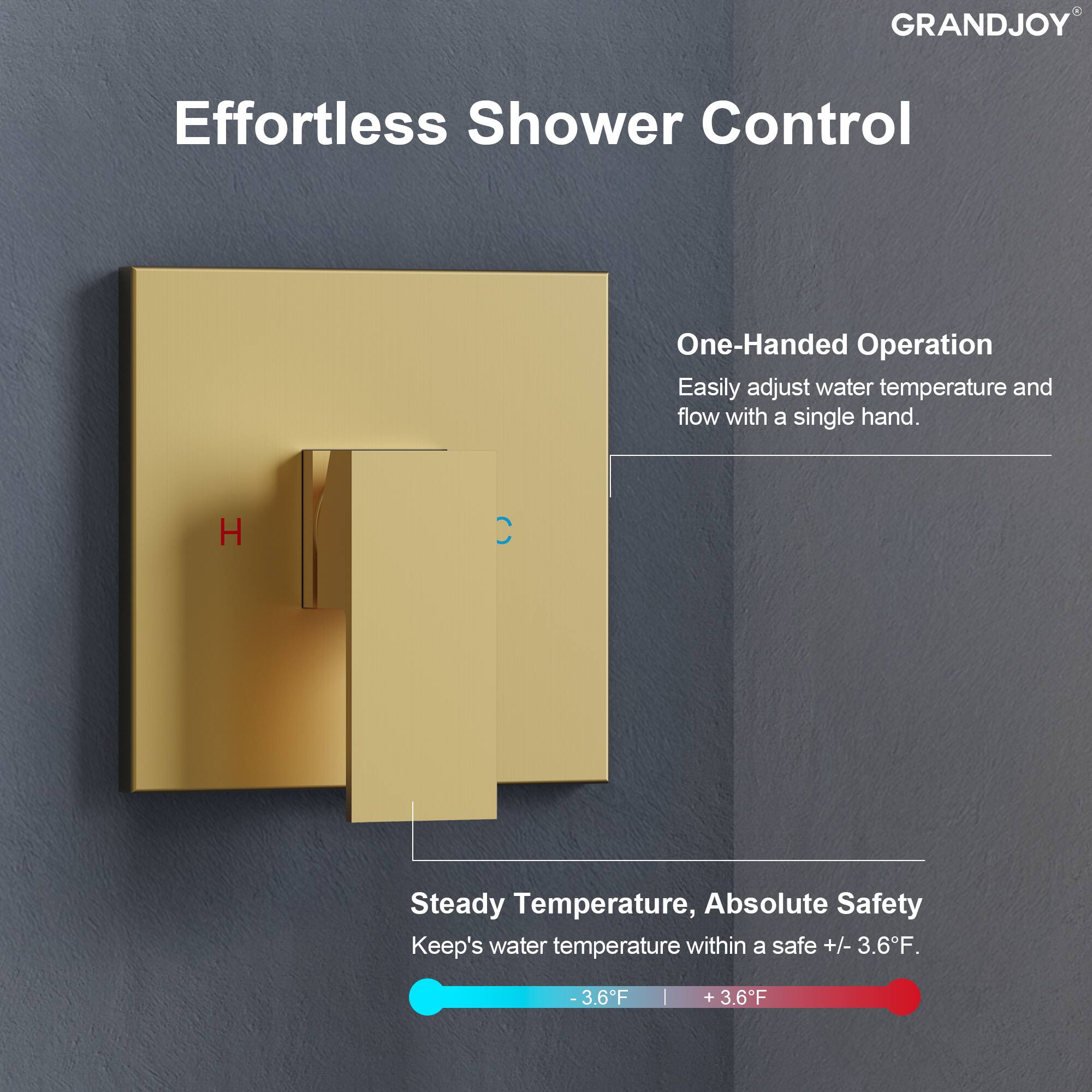 GRANDJOY Effortless Shower Control

One-Handed Operation
Easily adjust water temperature and flow with a single hand.

Steady Temperature, Absolute Safety
Keep's water temperature within a safe +/- 3.6°F.