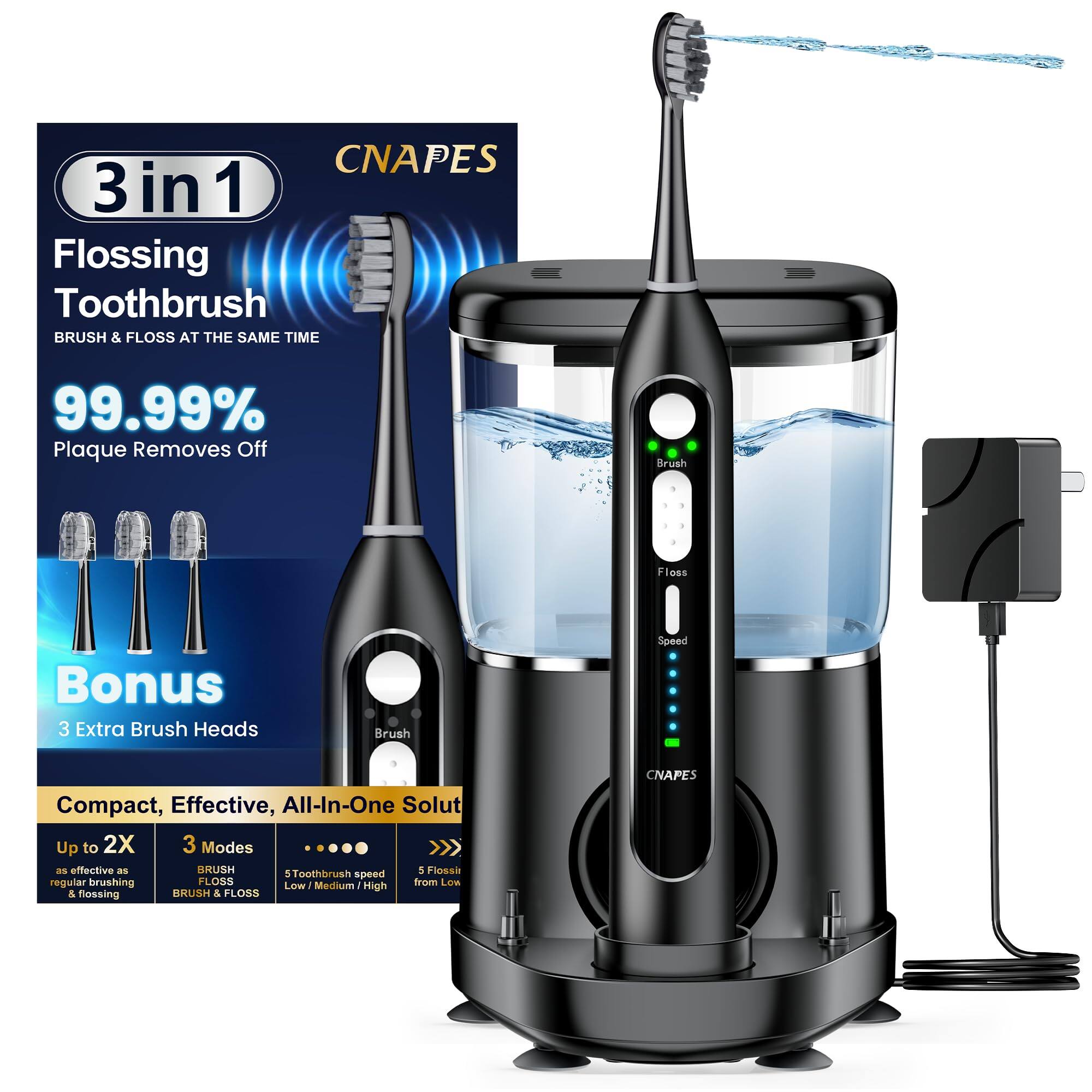 CNAPES 3 in 1 Flossing Toothbrush  
BRUSH & FLOSS AT THE SAME TIME  
99.99% Plaque Removes Off  

Bonus 3 Extra Brush Heads  

Compact, Effective, All-In-One Solution  
Up to 2X as effective as regular brushing & flossing  

3 Modes:  
- BRUSH  
- FLOSS  
- BRUSH & FLOSS  

5 Toothbrush speed: Low - Medium - High  
5 Floss speed: Low - Medium - High  

Brush Speed: Compact, Effective, All-In-One Solution