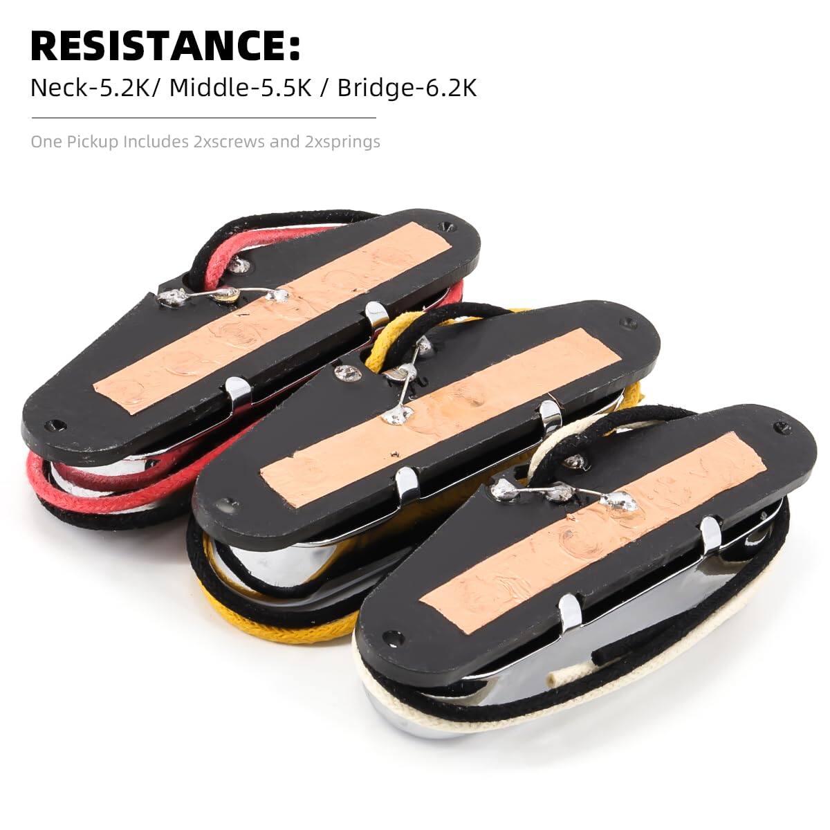 RESISTANCE:  
Neck-5.2K / Middle-5.5K / Bridge-6.2K  

One Pickup Includes 2xscrews and 2xsprings
