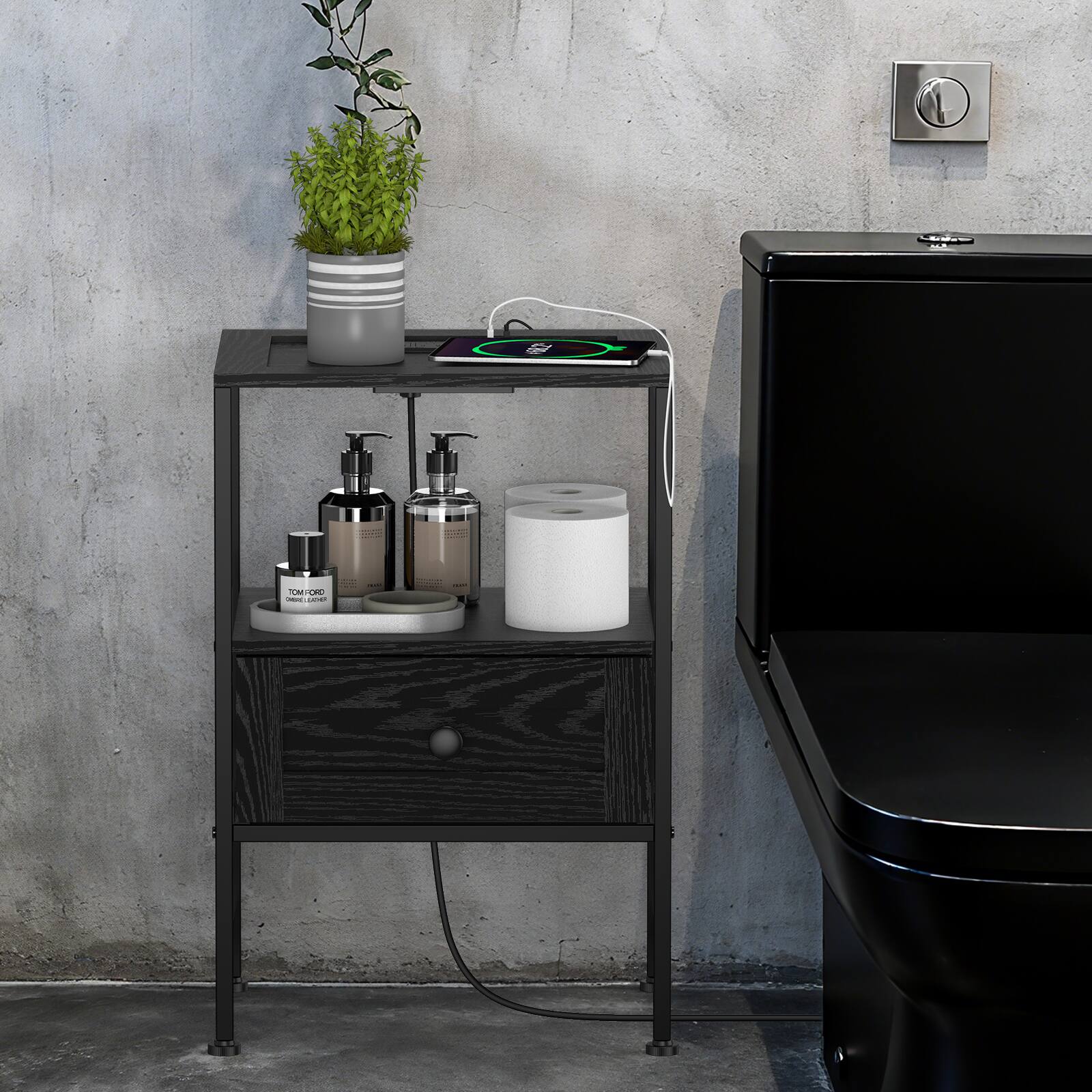 Alt View 1. Oumilen - Black Nightstand with Charging Station & LED Light, Industrial End Table with Drawer & Shelf - Black.