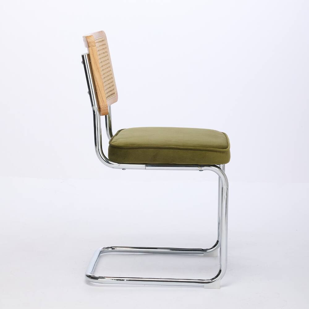 Back. Loheer - Loheer Mid-Century Dining Chairs Set of 2, Olive Green Velvet Rattan Back Chairs with Chrome Base - Olive-Green.