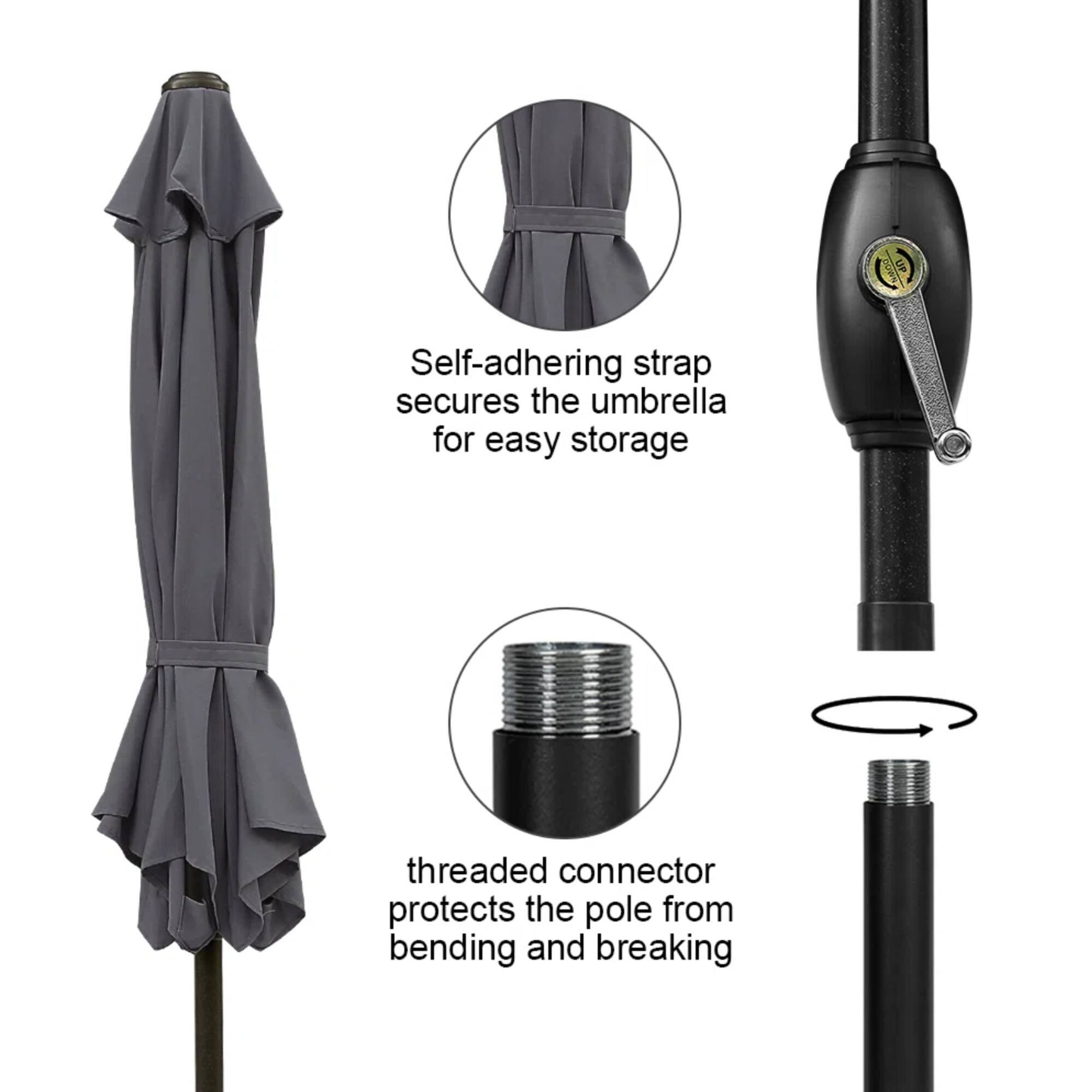 Self-adhering strap secures the umbrella for easy storage. Threaded connector protects the pole from bending and breaking.